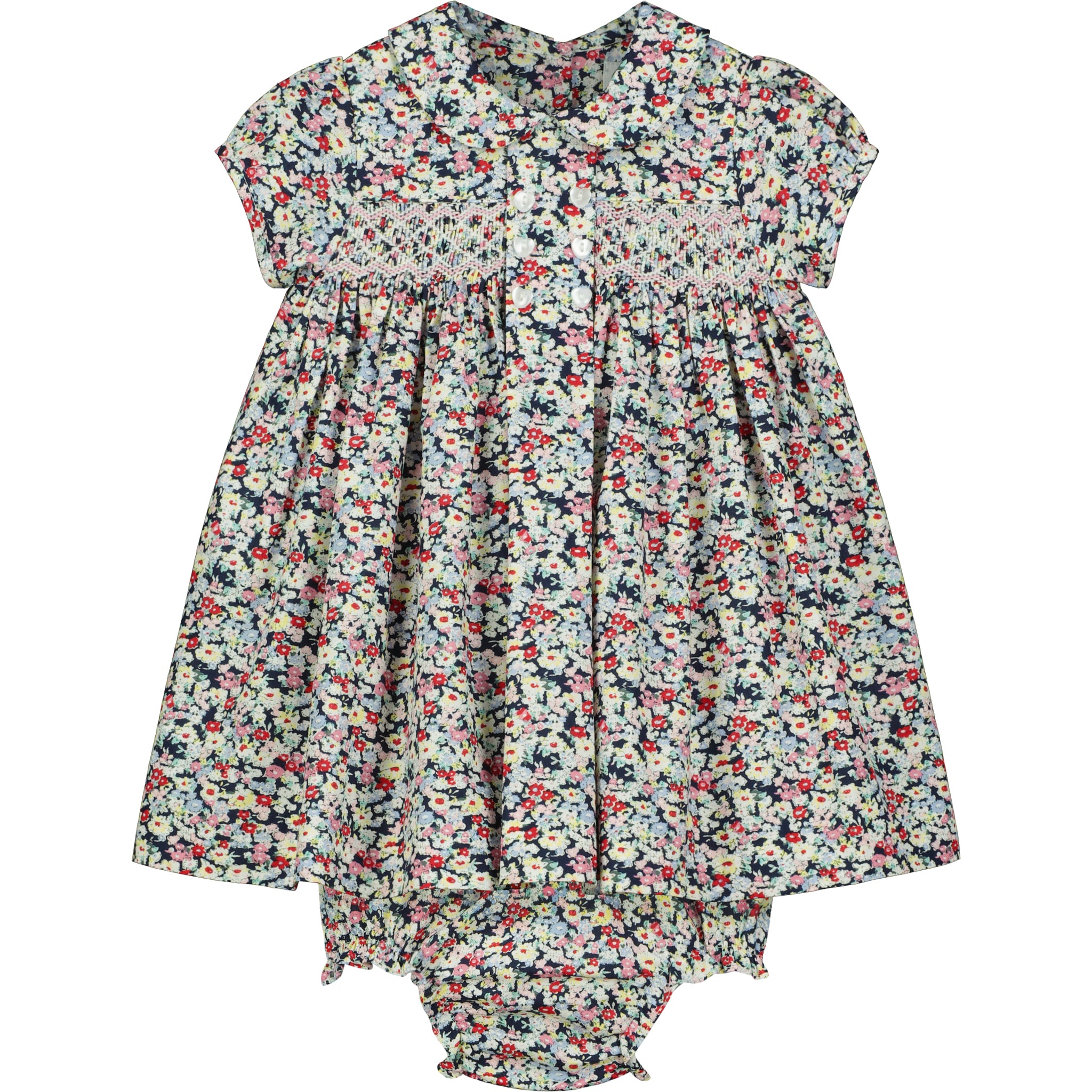 floral hand-smocked winter dress for baby, front