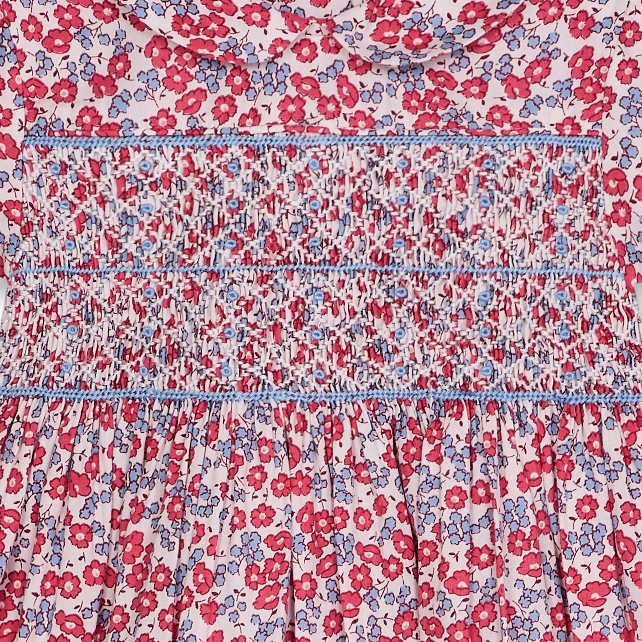 Close-up of a floral dress with pink and blue flowers and intricate hand-smocking