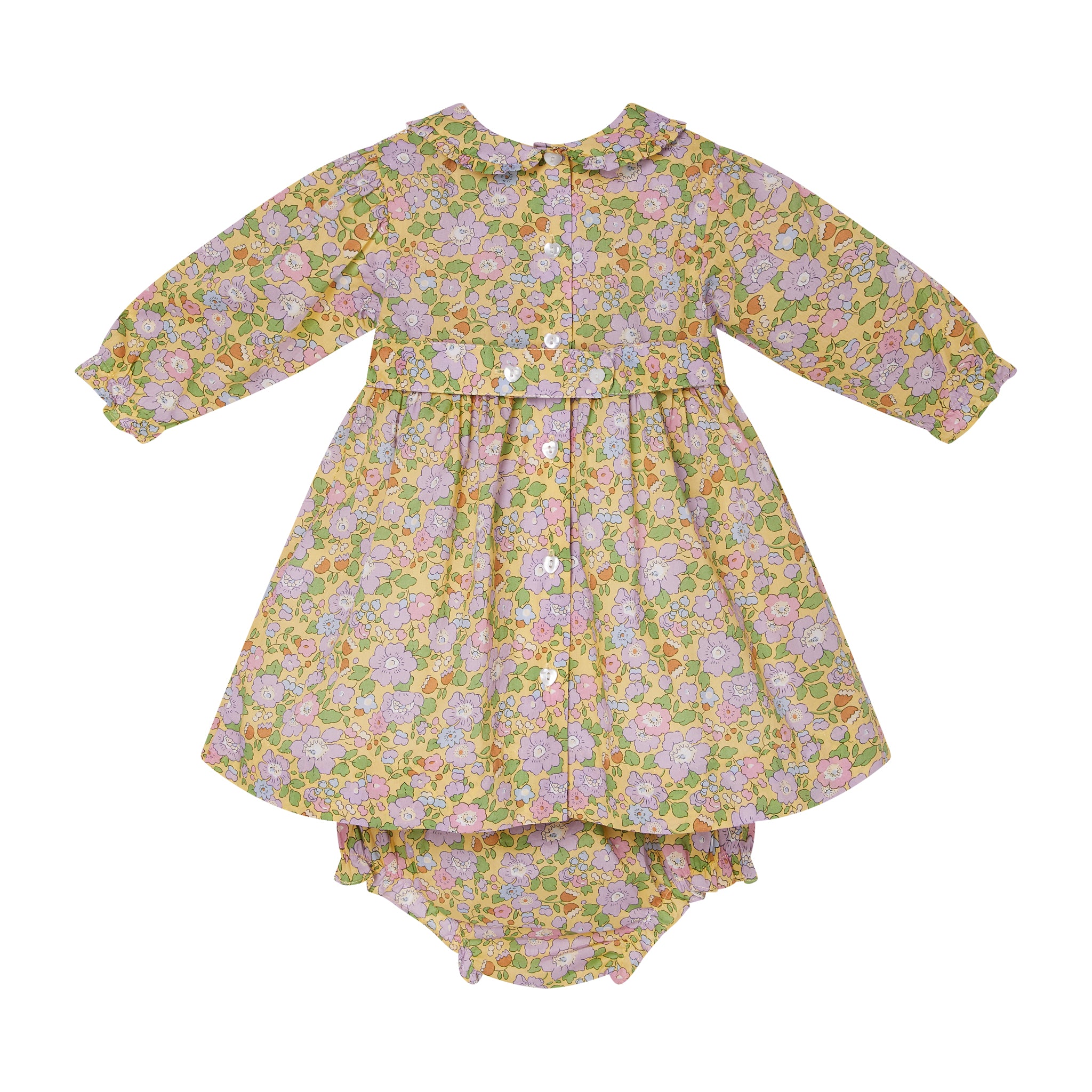 yellow floral hand-smocked baby dress with bloomers, made from Liberty Fabric, back