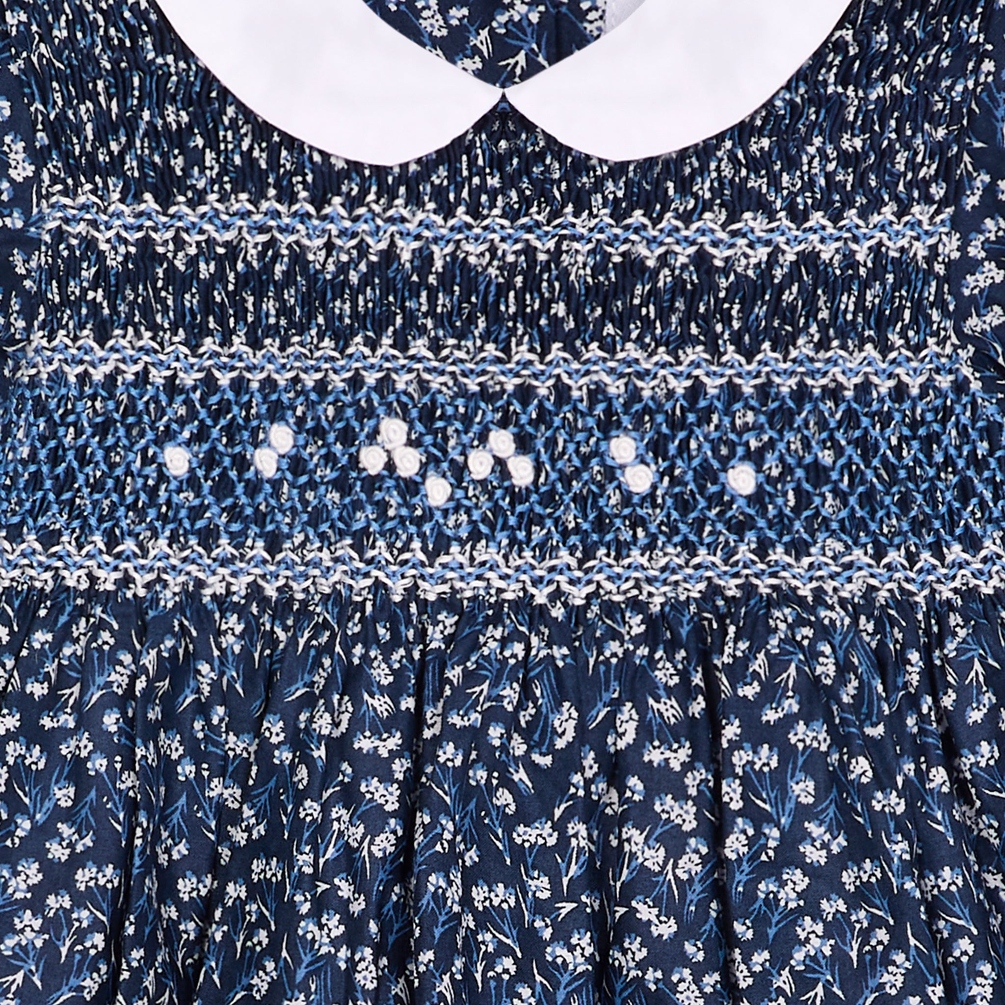 Navy blue floral dress with white smocking detail closeup