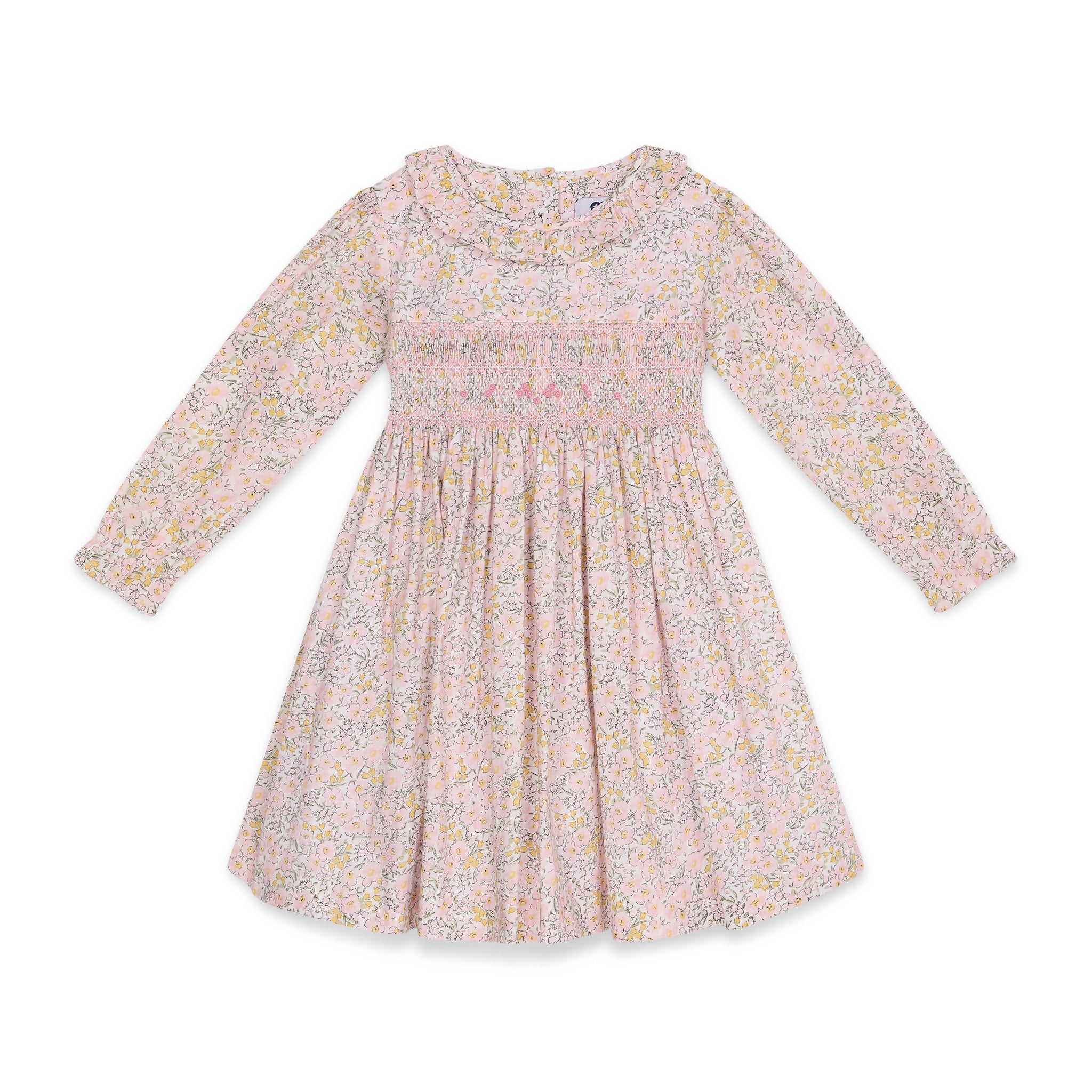 Hand-smocked floral dress with long sleeves on a white background