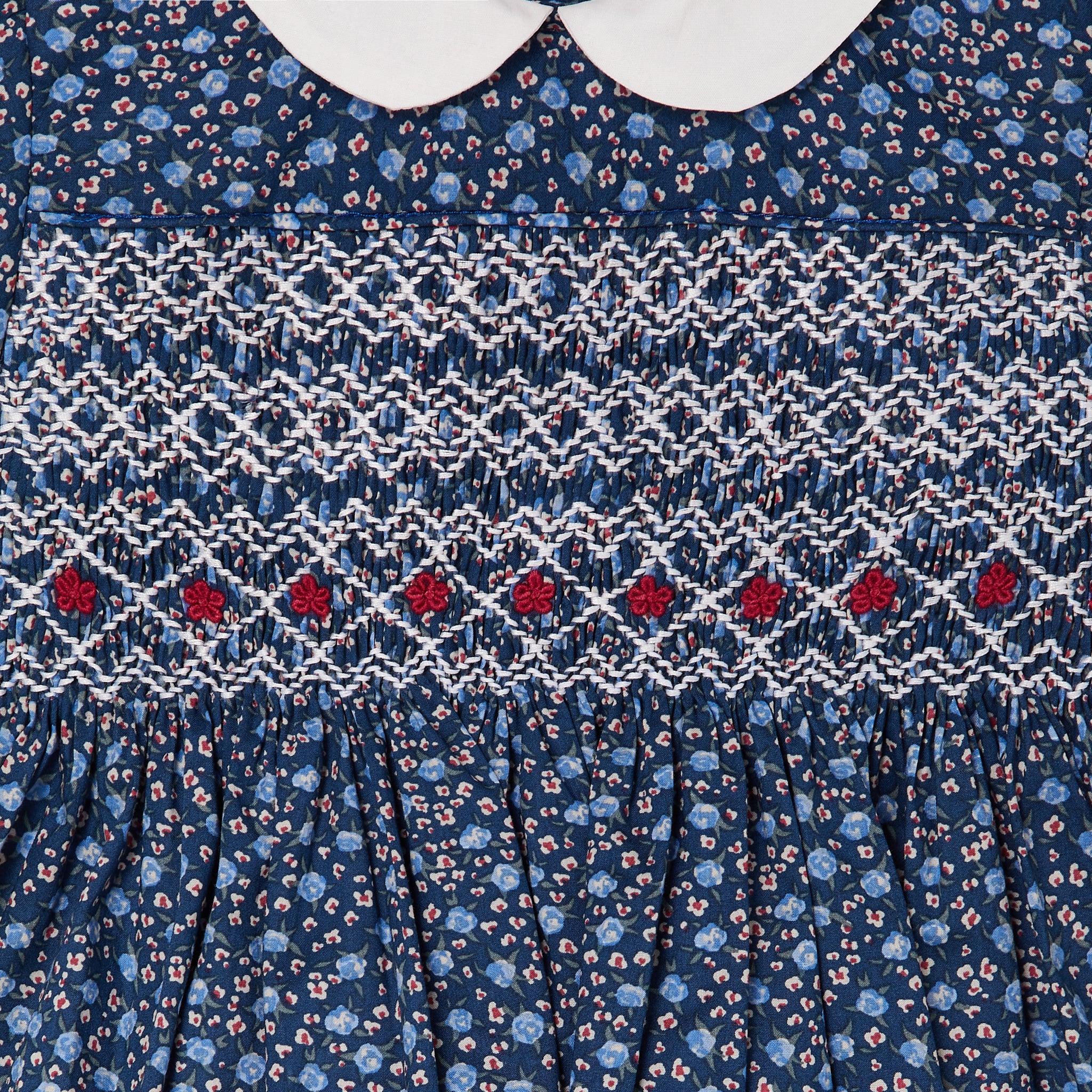 smocking closeup, white on navy