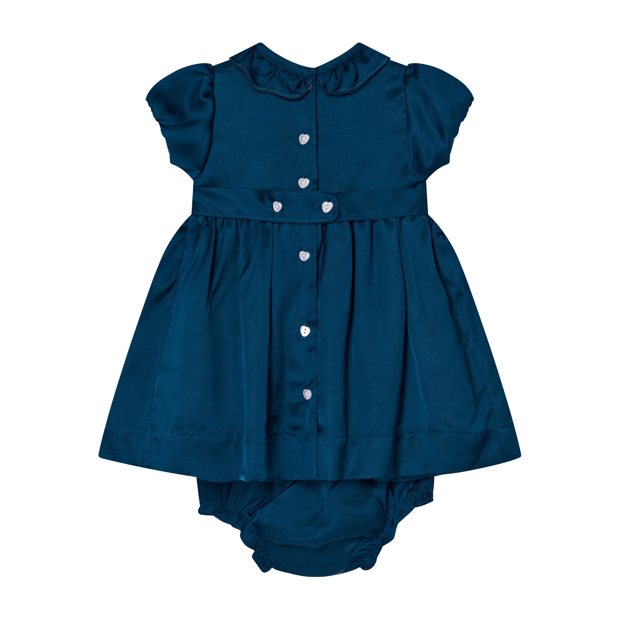 Hand-smocked navy satin party dress with bloomers, back