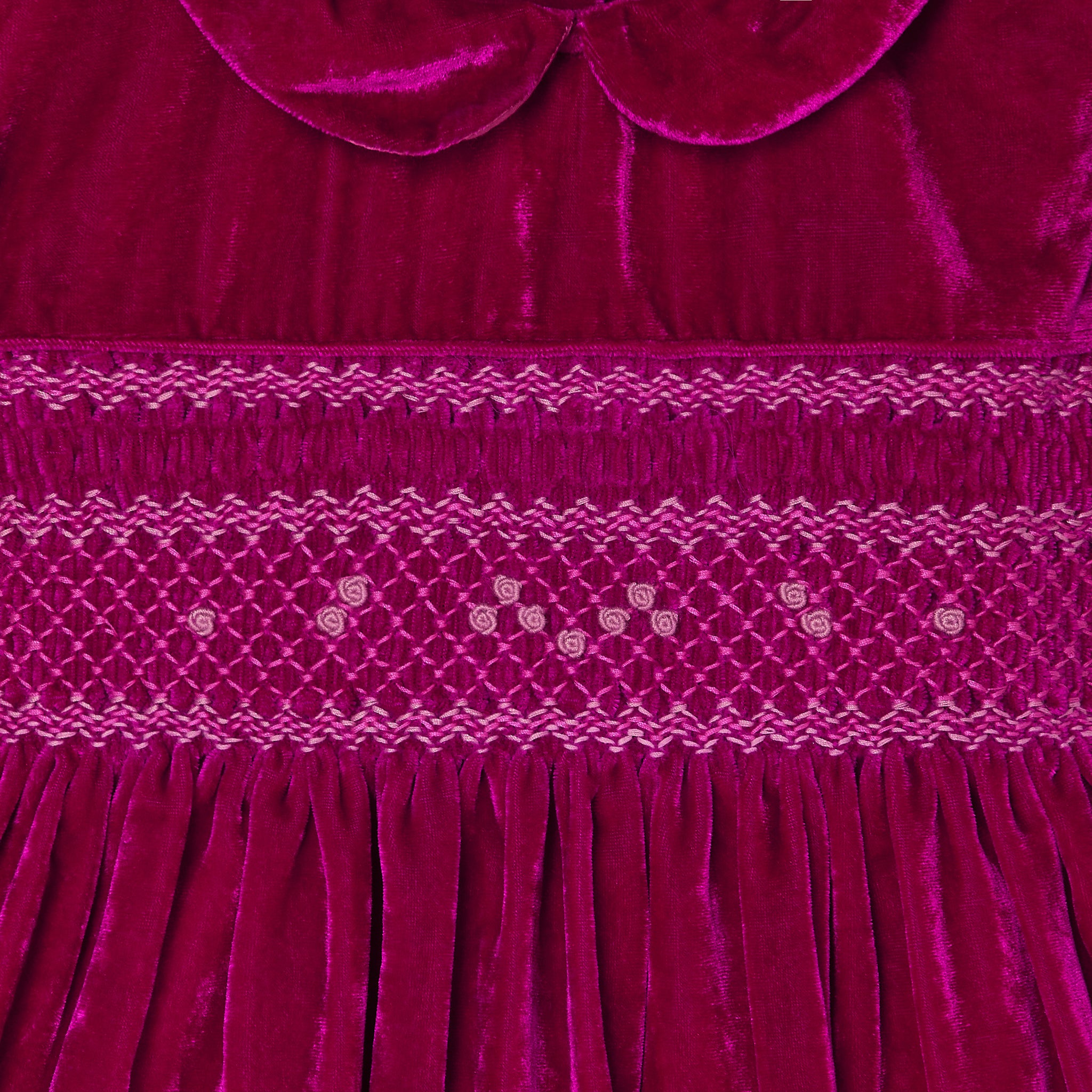 smocking detail on pink velvet party dress