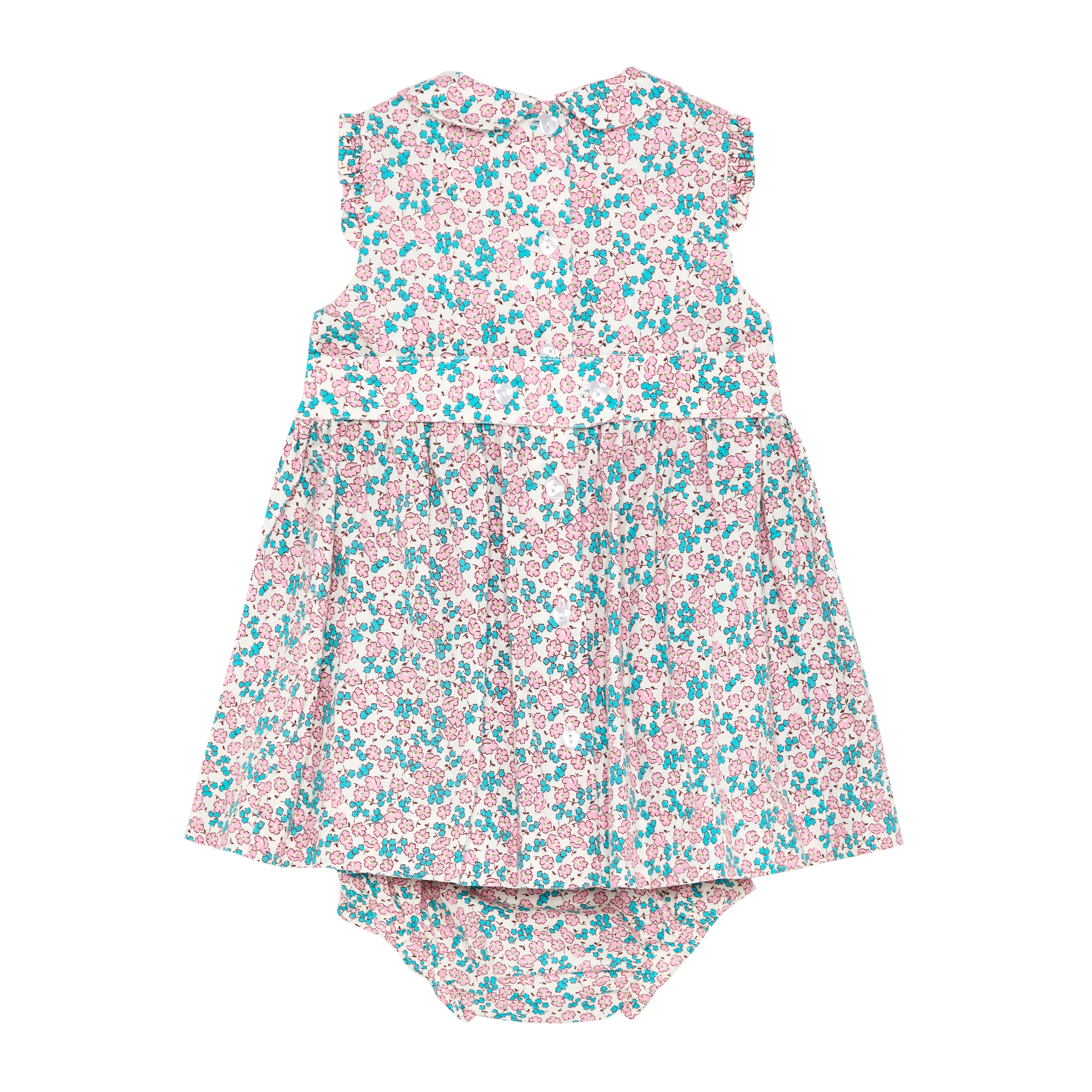 sleeveless hand-smocked dress, floral, back view