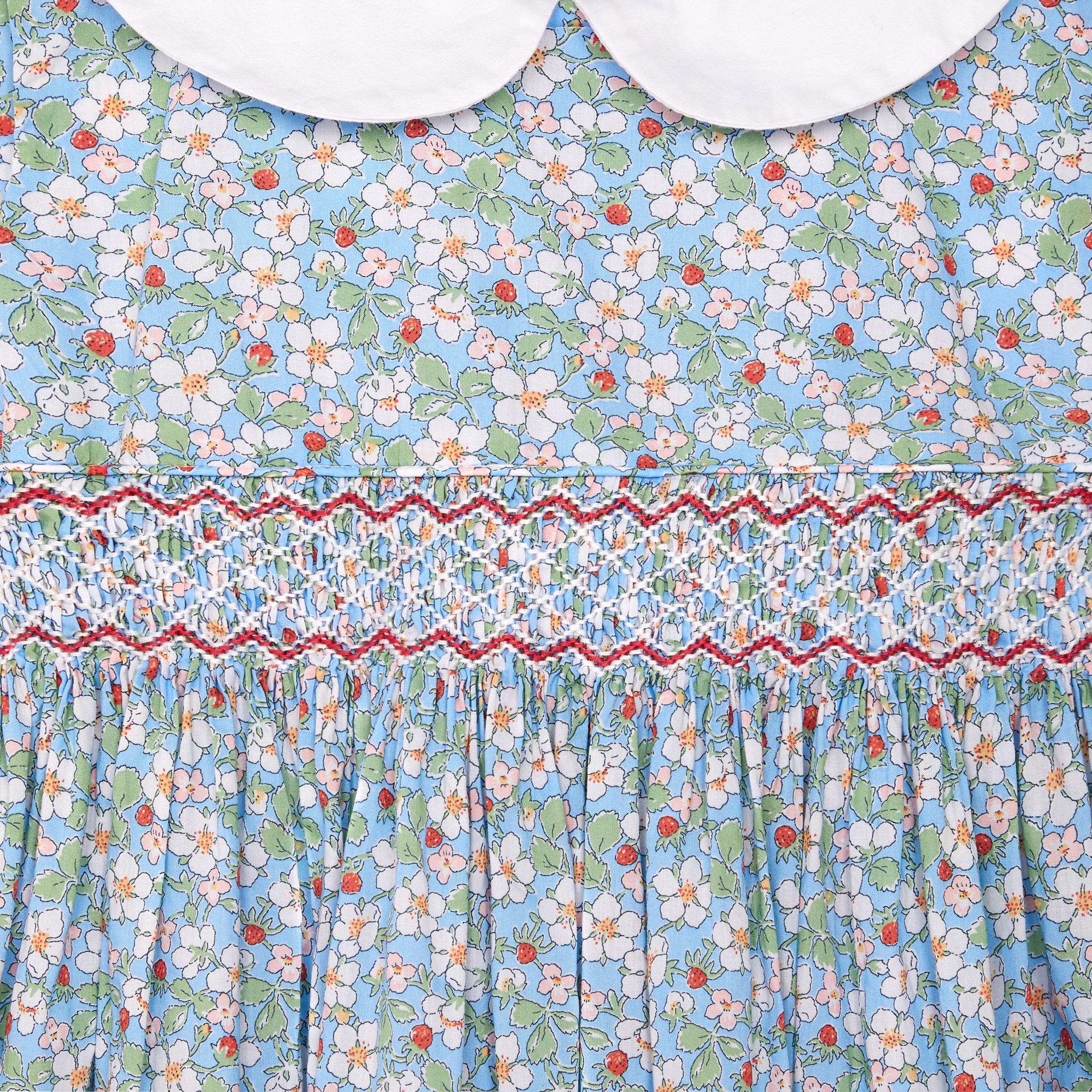 smocked Liberty print girls dress, detail