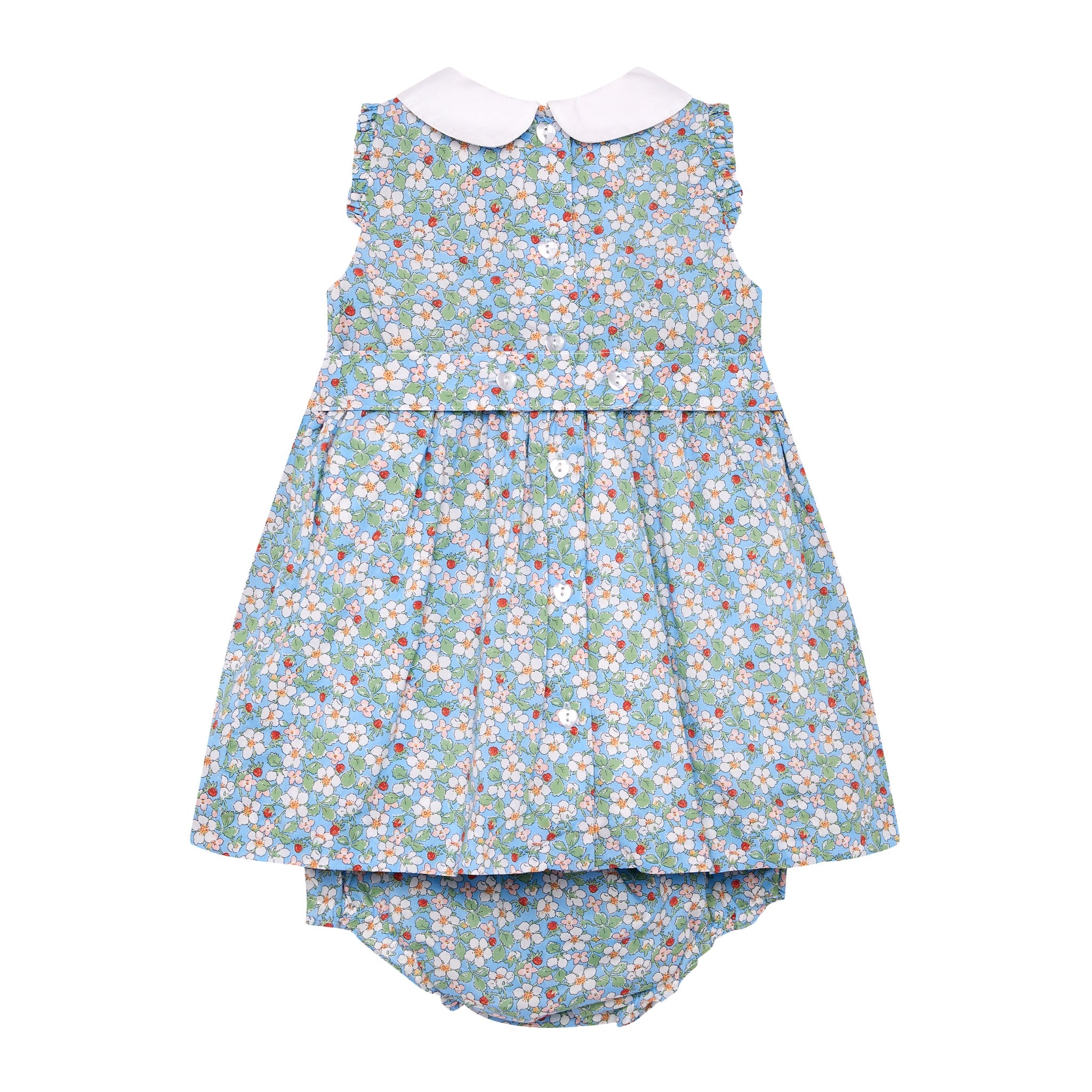 Liberty fabric, hand-smocked baby dress, back