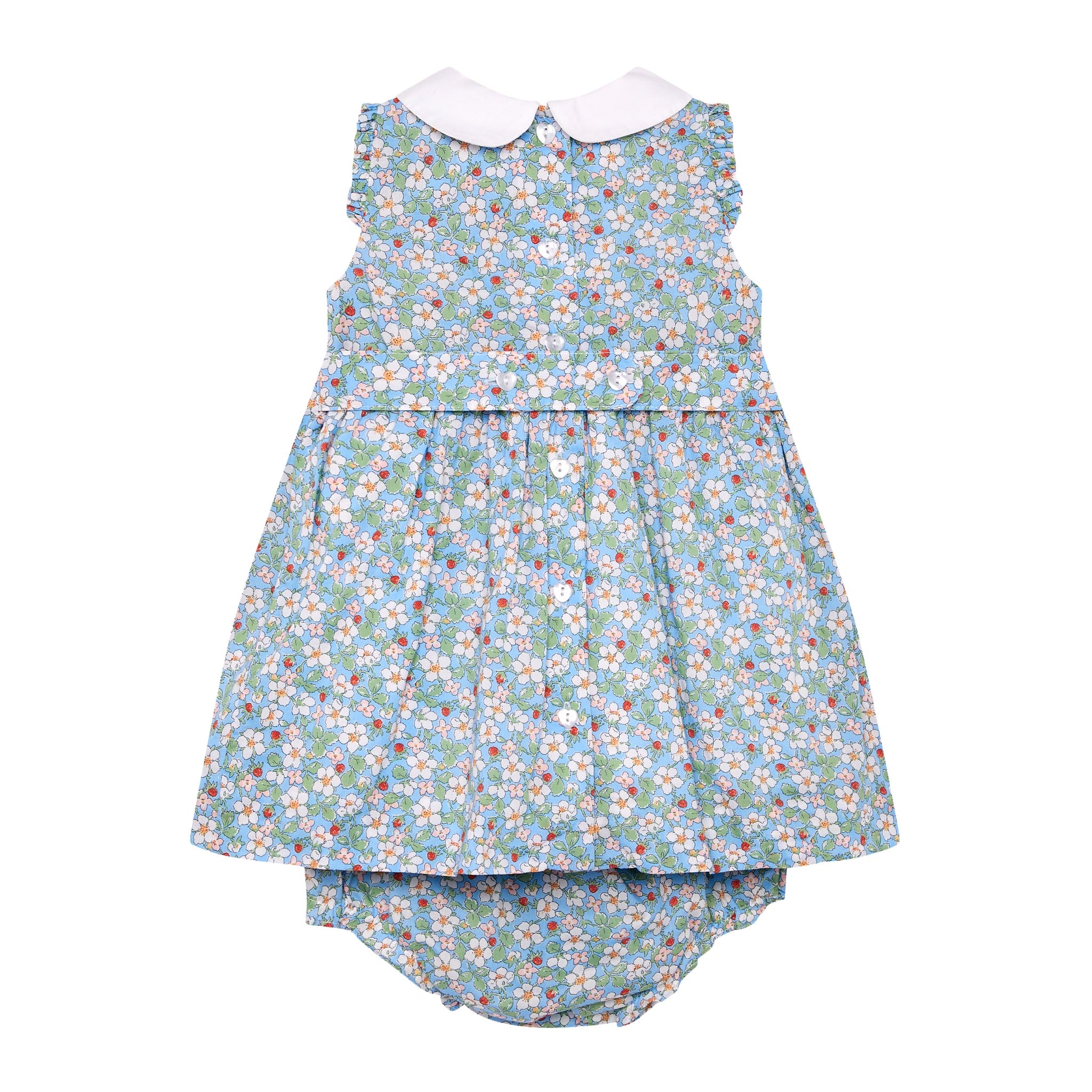 Liberty fabric, hand-smocked baby dress, back 