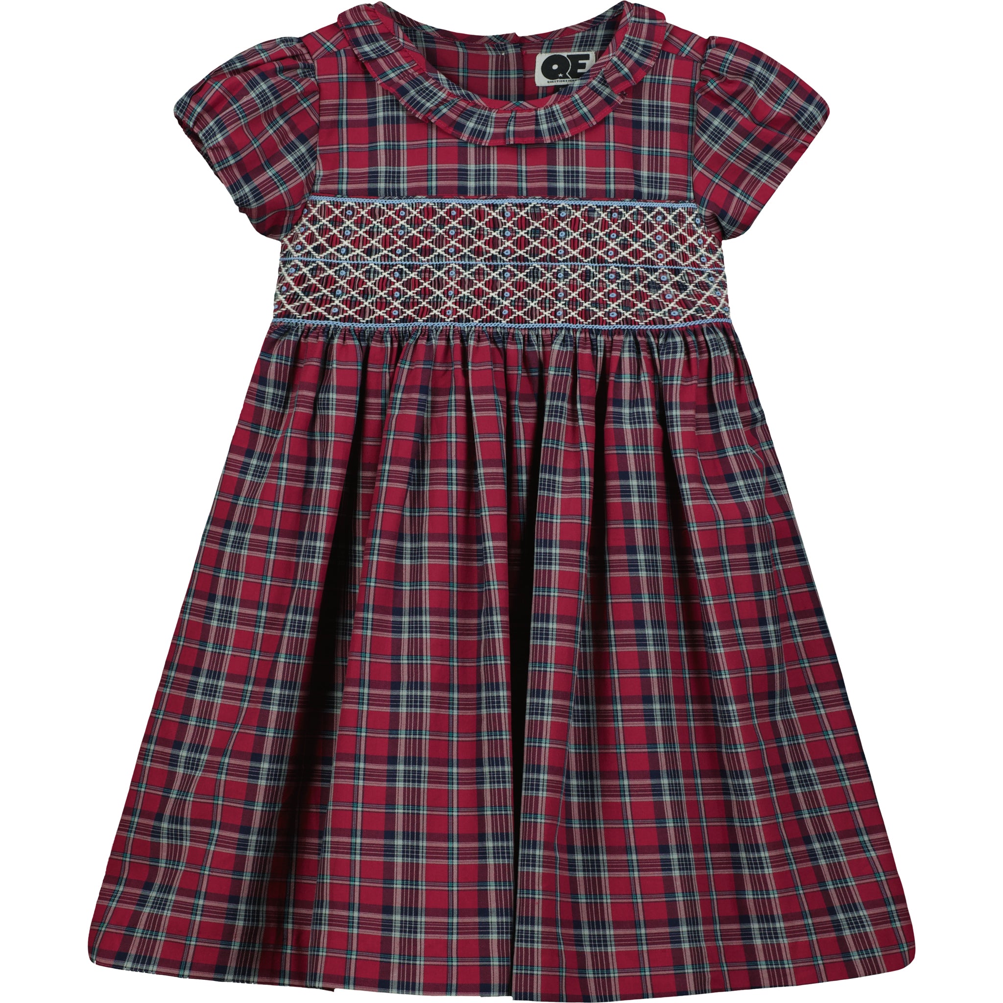 burgundy/navy/white tartan smock dress with frill collar, front