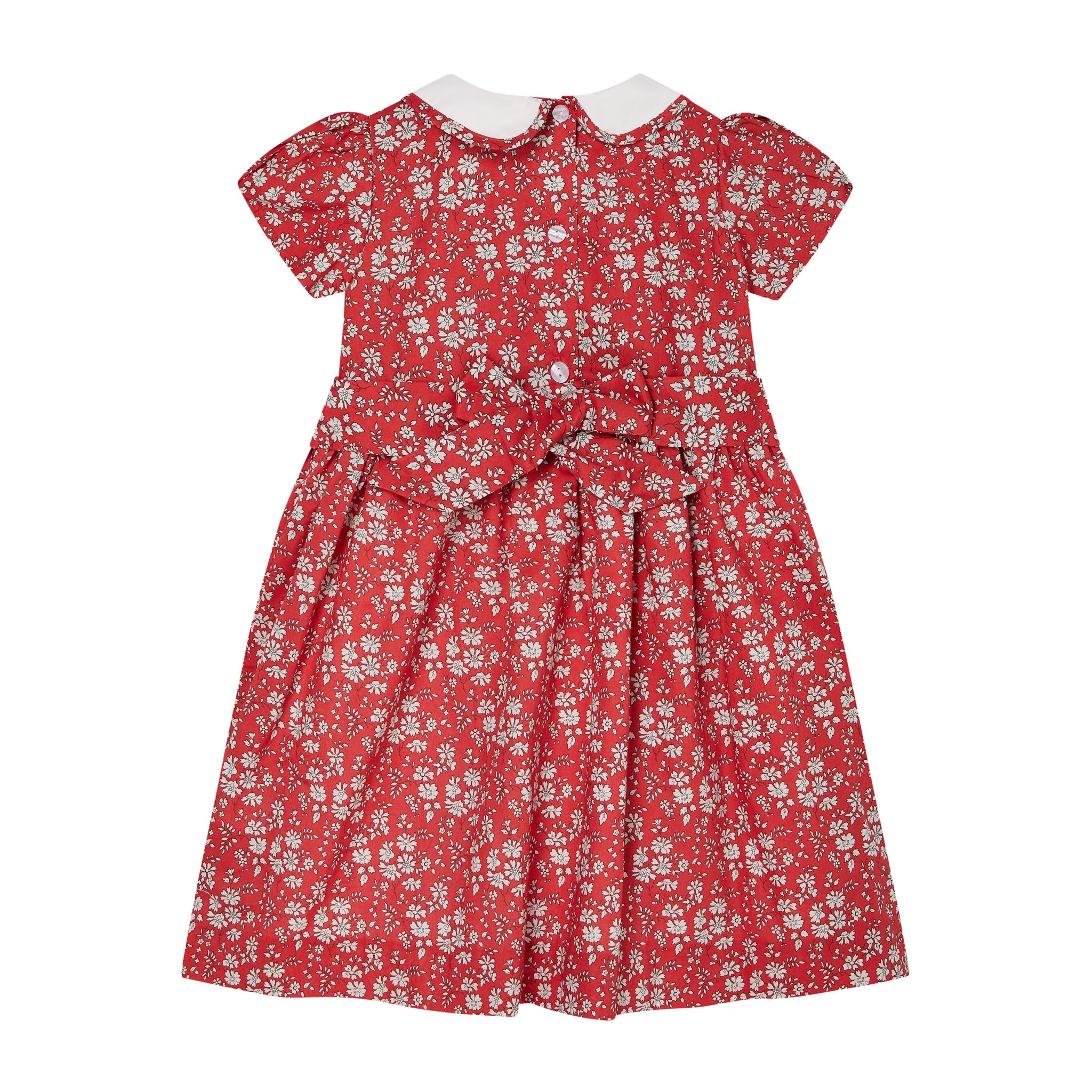 red and white floral dress made form Liberty Fabric, back