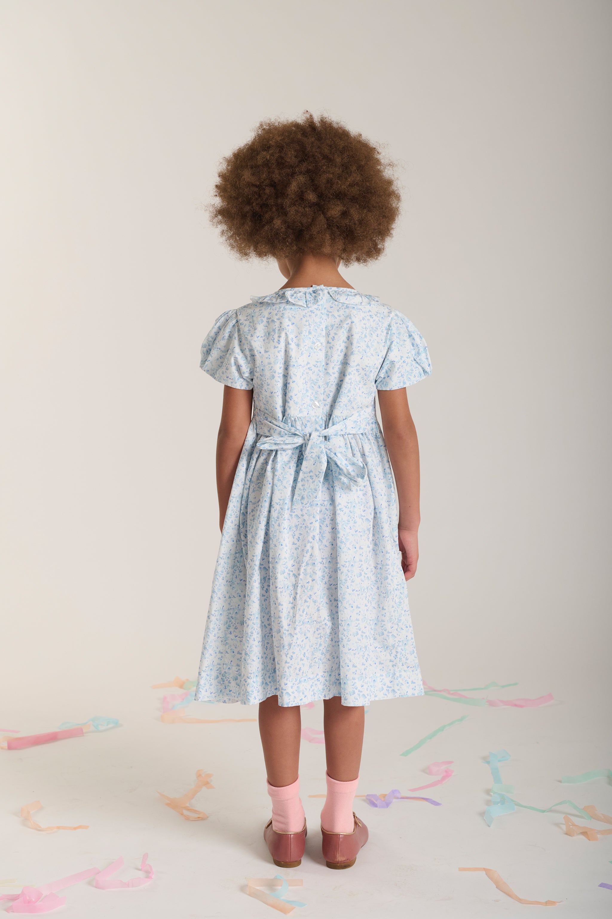 Child wearing a white and pale blue dress back view