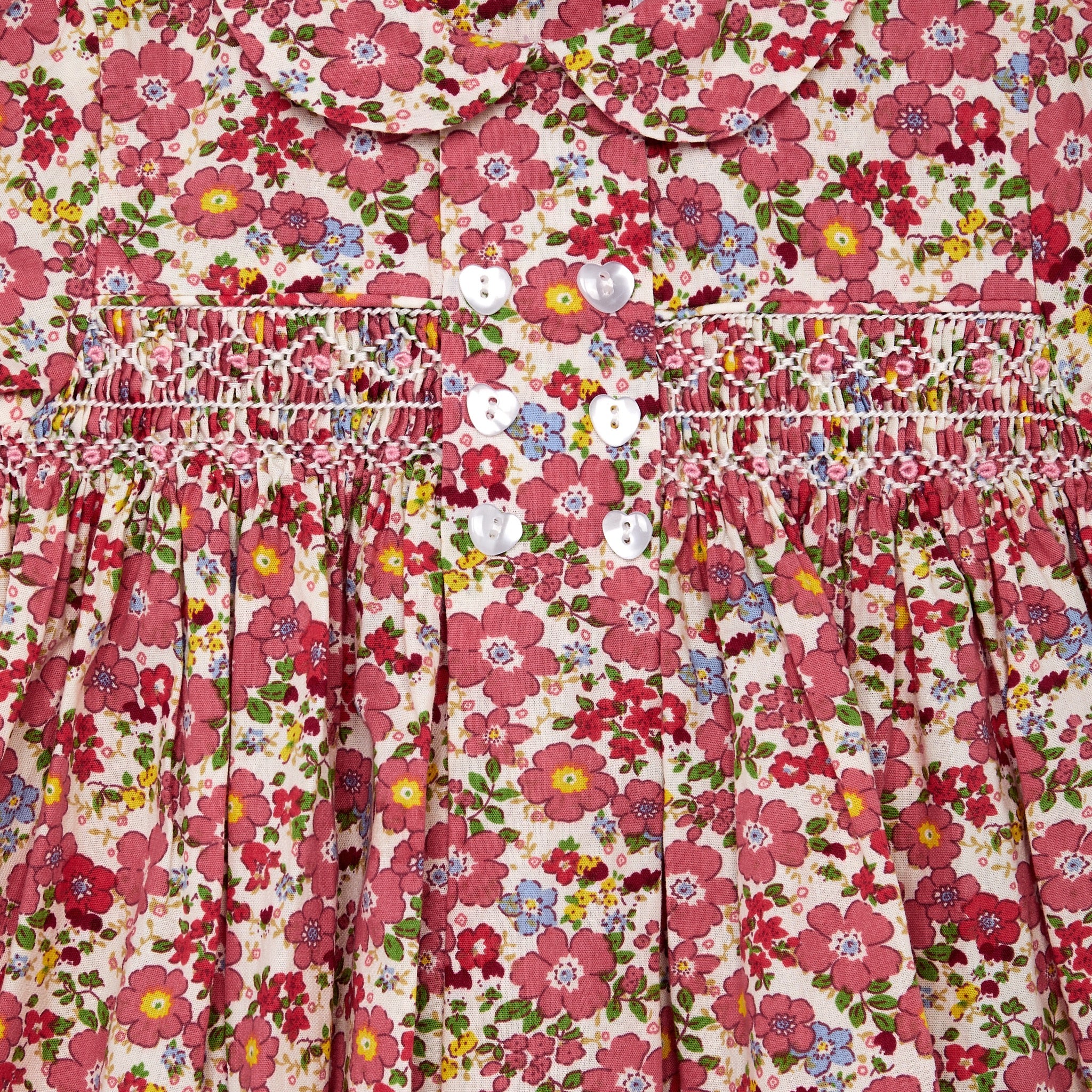 red floral smock baby dress, detail