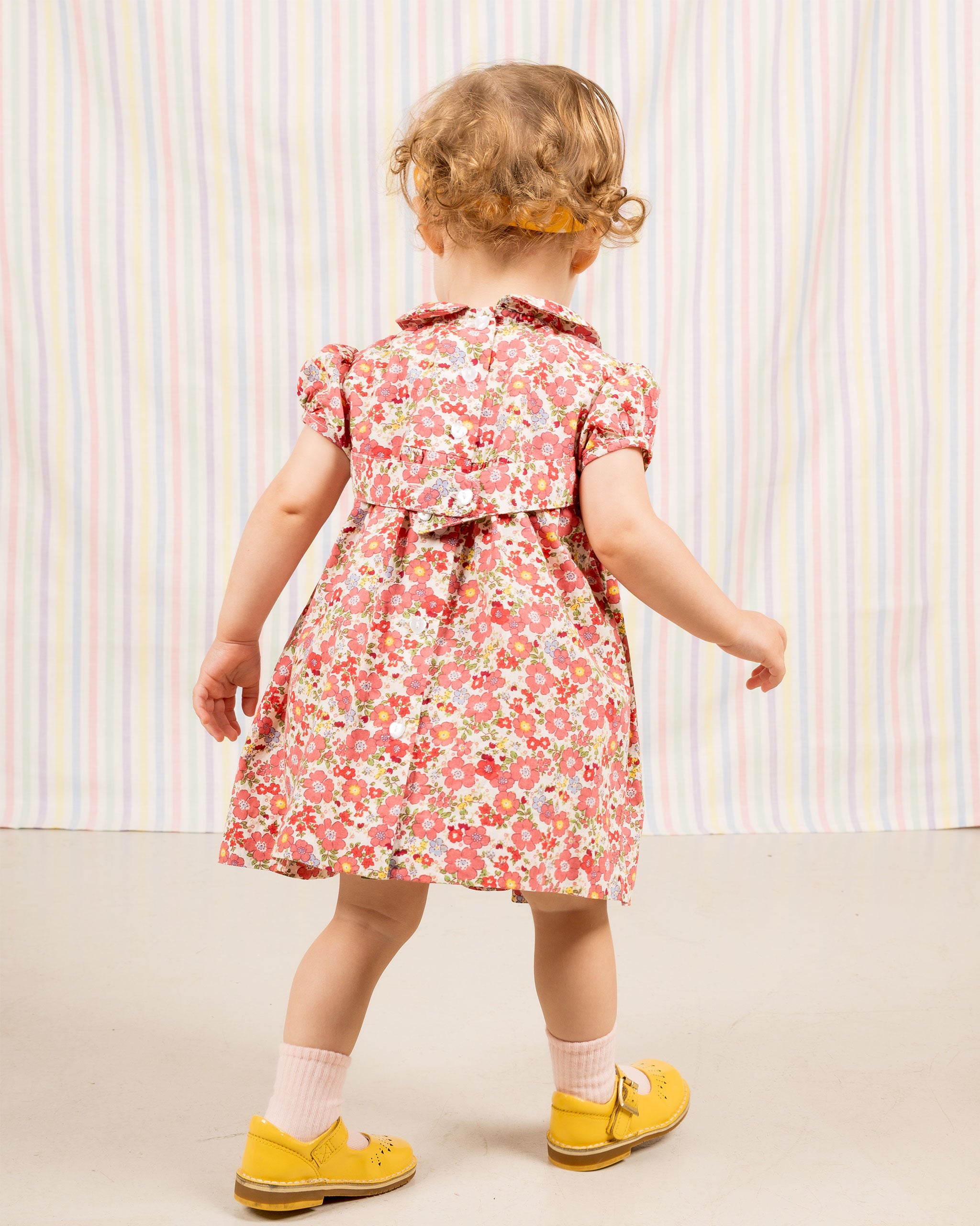 toddler red floral smock baby dress, back view