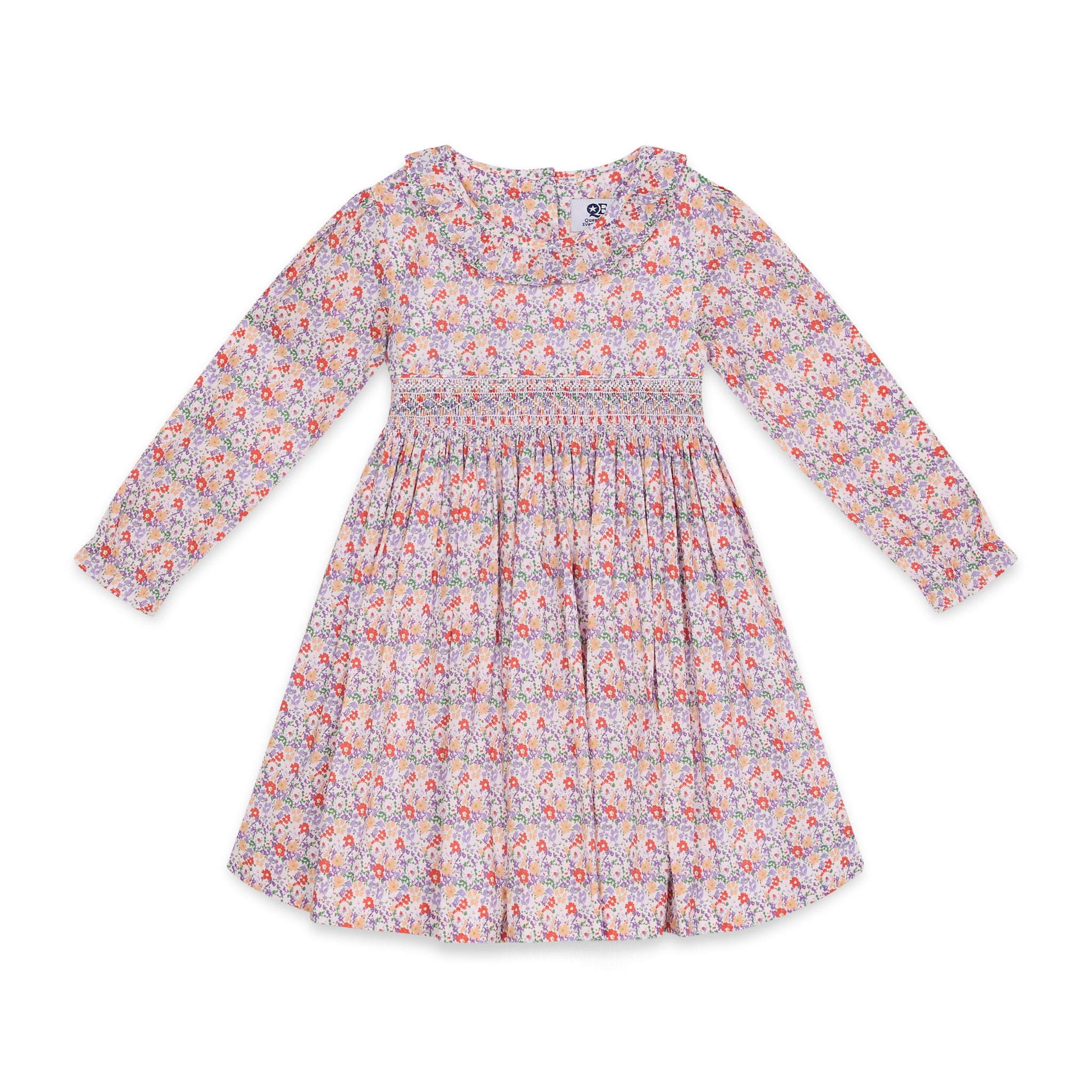 hand-smoked girls dress with long sleeves and smocking, purple floral design