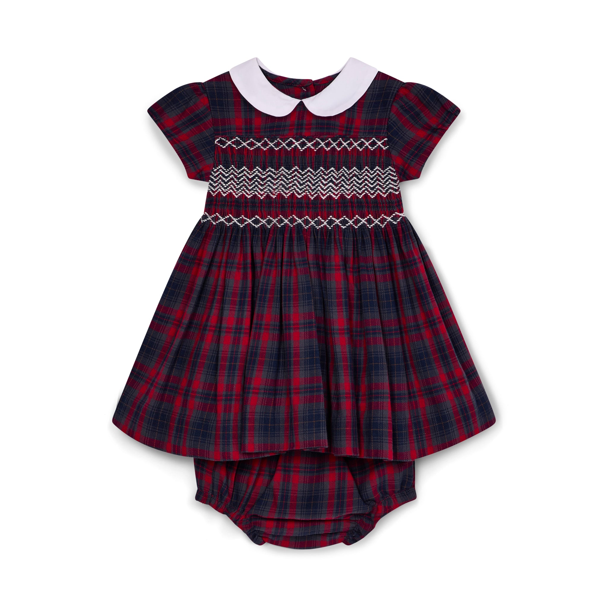 Hand-smocked Tartan baby dress with white collar on a white background
