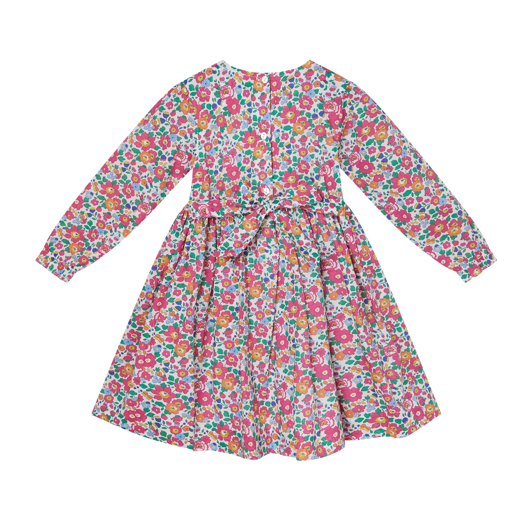 Long-sleeve hand-smocked floral dress made from Liberty fabric, back
