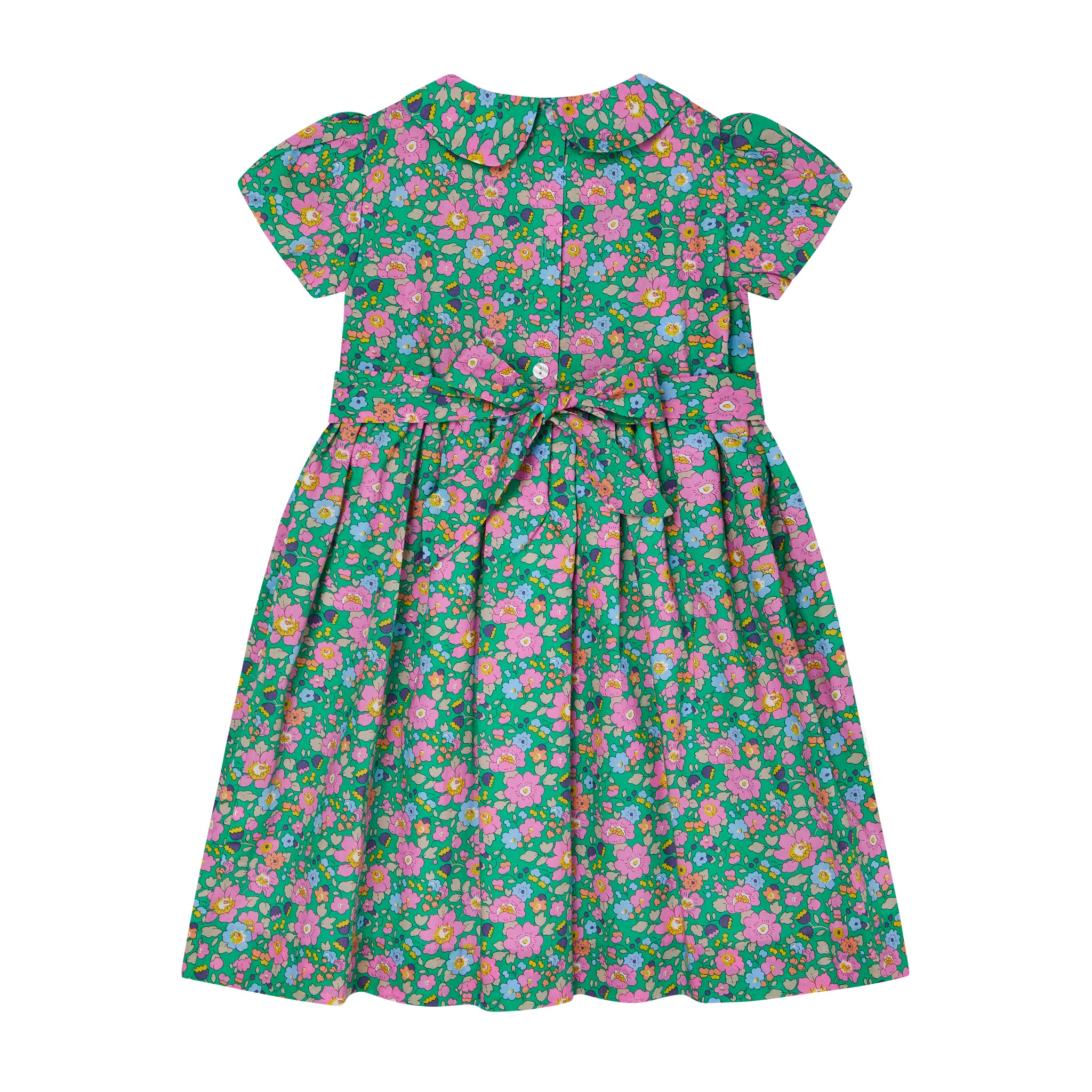 green floral dress for girls, made from Liberty fabric, back