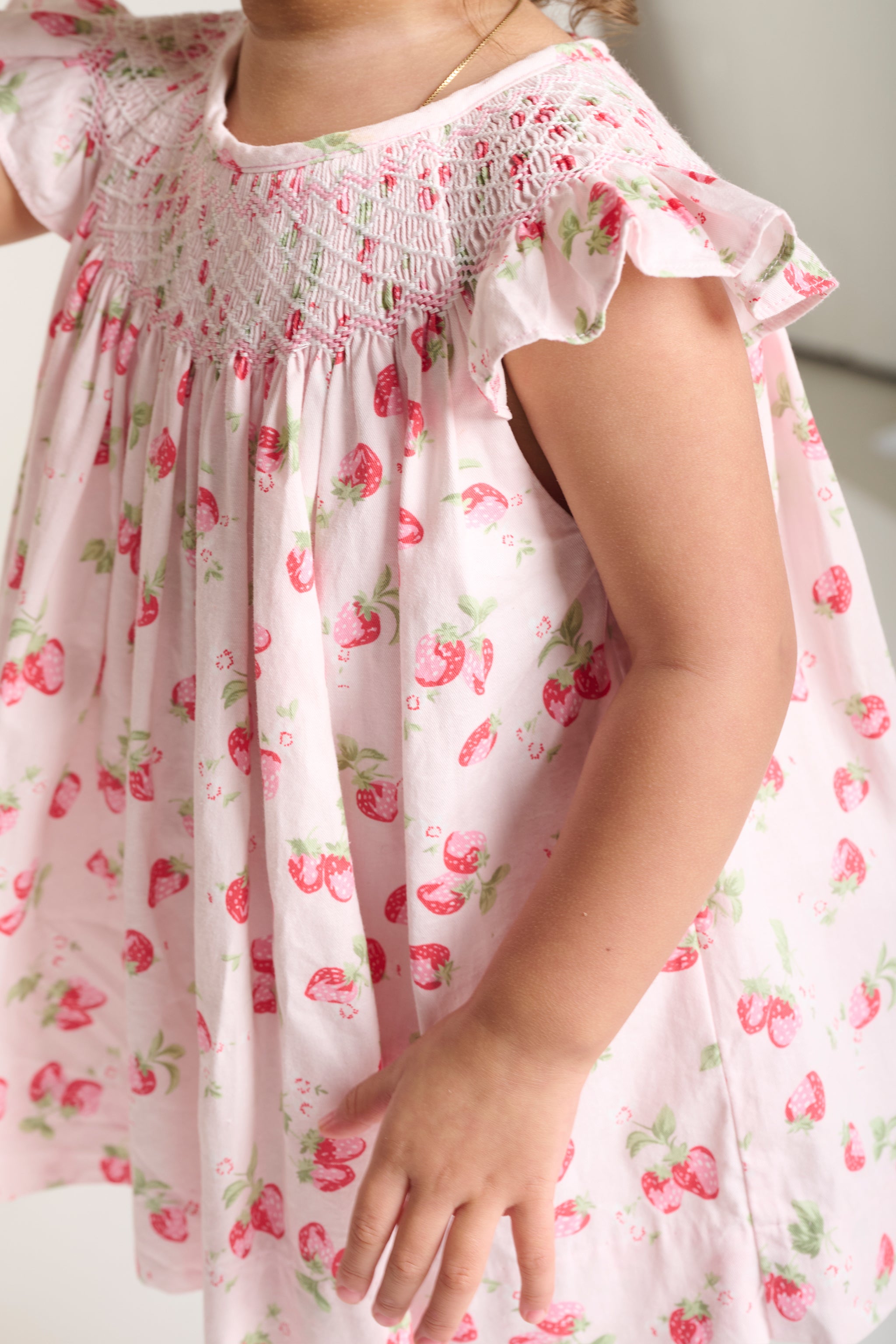 detail pink strawberry smock dress