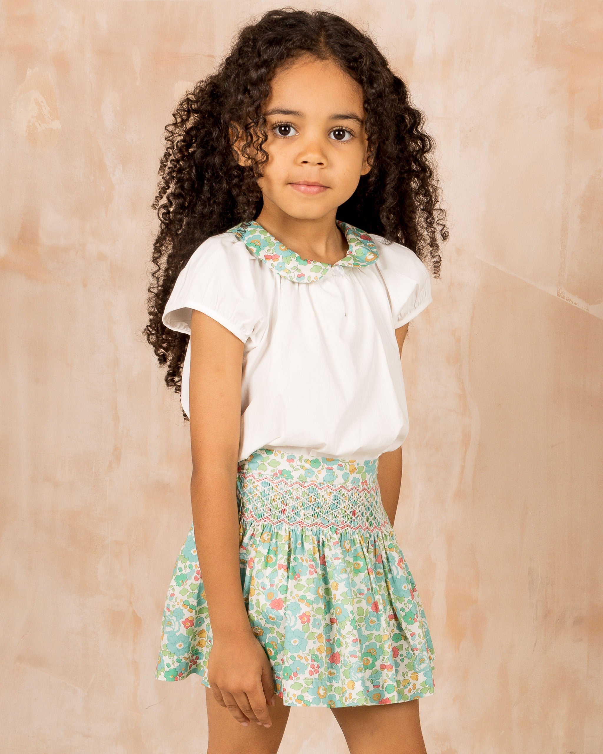 smocked girls skirt, Liberty Betsy fabric, closeup