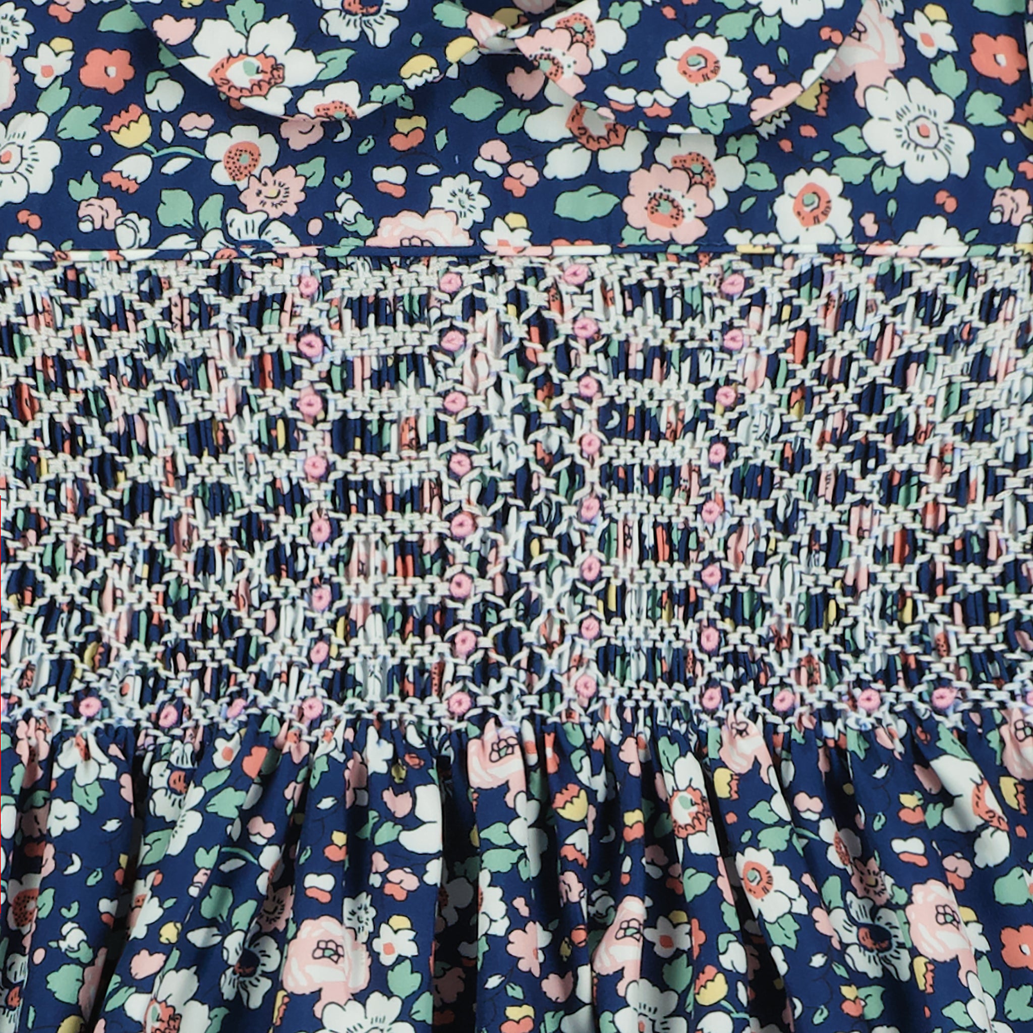 smocking detail, floral baby dress