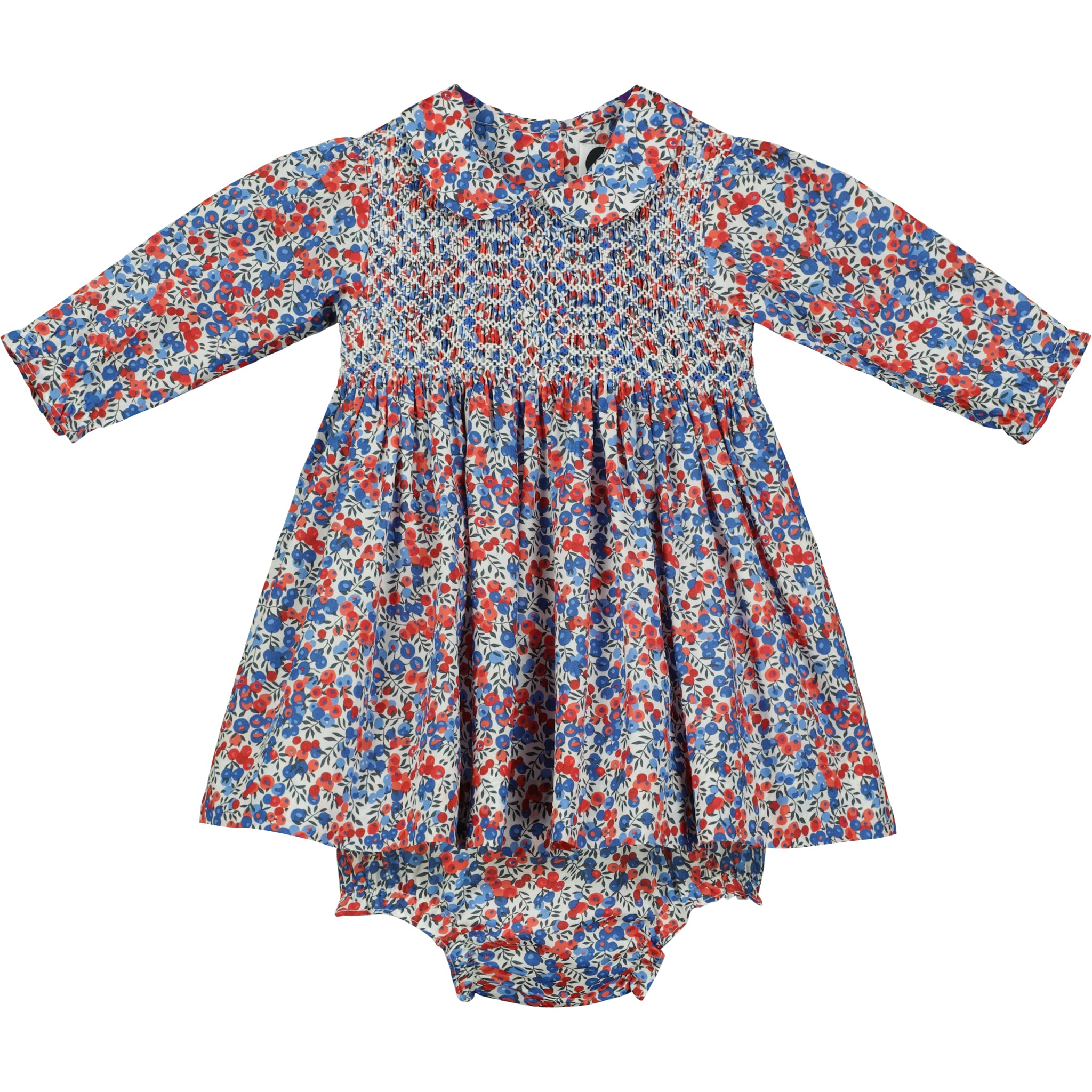 Blue and red Wiltshire Tana Lawn™ Cotton  Liberty print dress with hand-smocking, front
