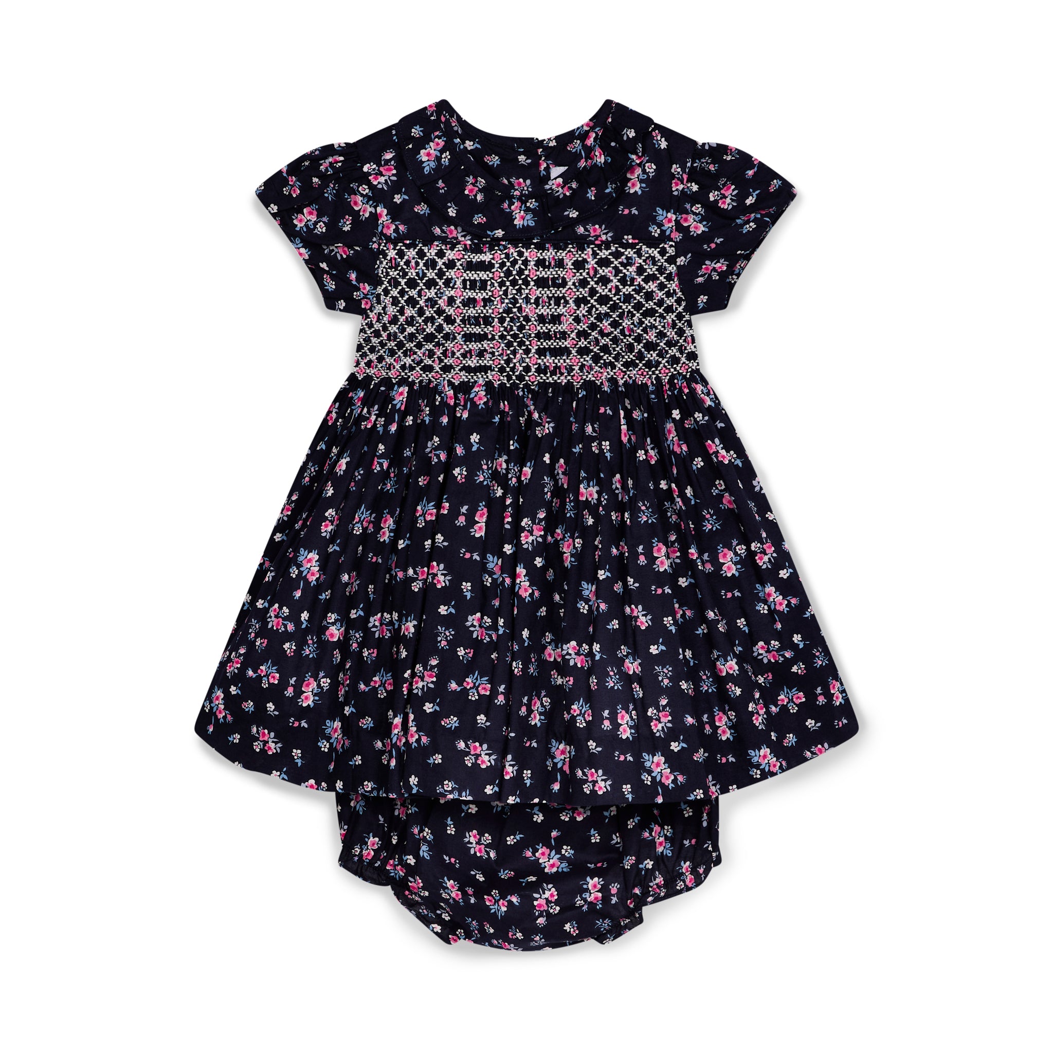 Navy blue smocked dress with pink floral pattern and matching bloomers