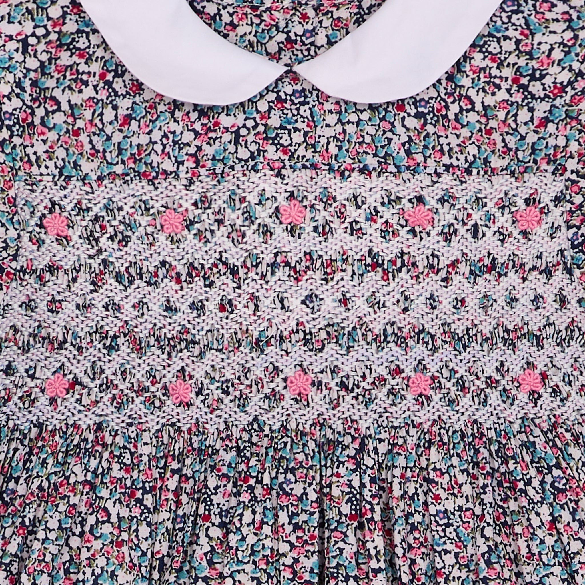 smocking detail of floral baby dress