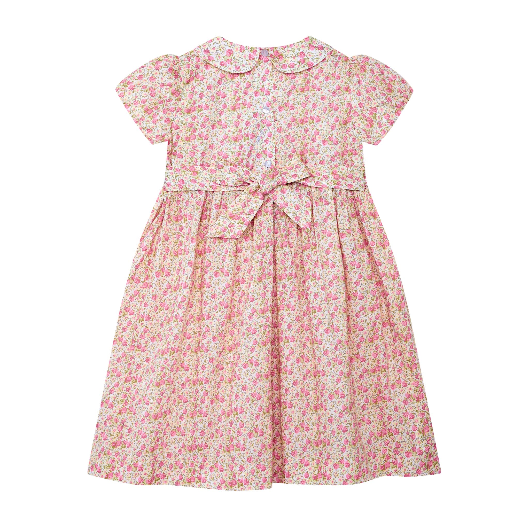 pastel strawberry dress, hand-smocked, back