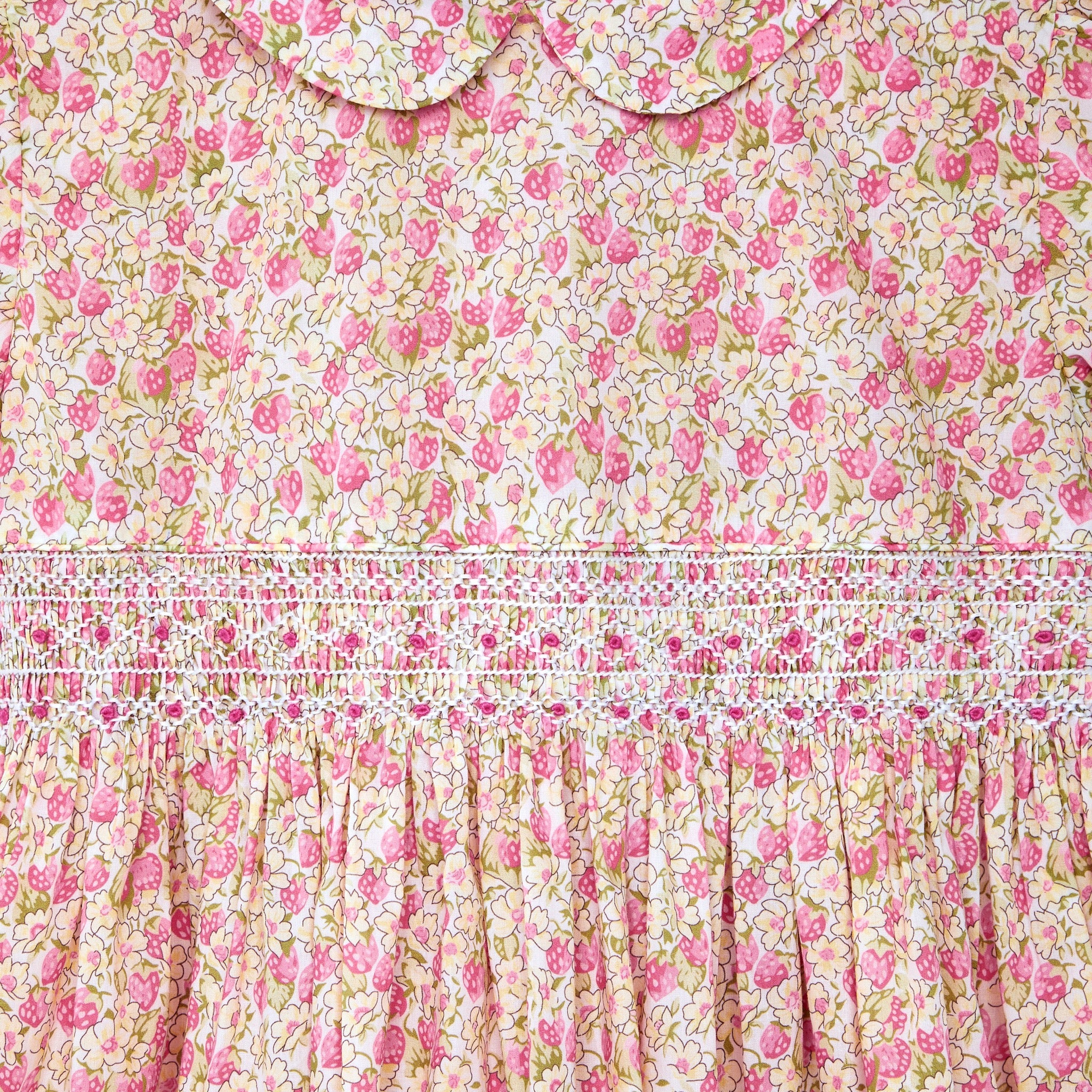 pastel strawberry dress, hand-smocked, closeup