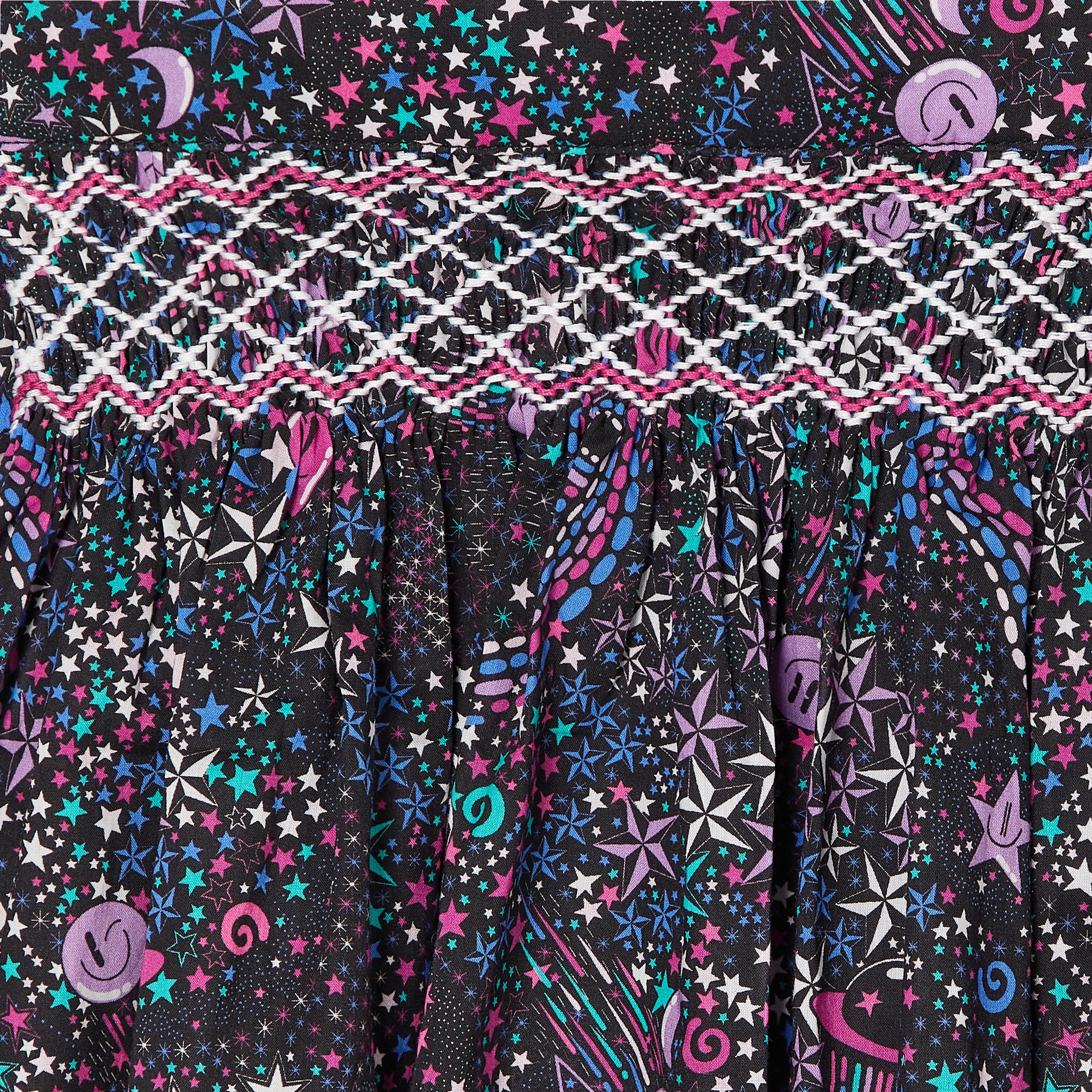 hand-smocked skirt made from Liberty fabric, black, pink star pattern, closeup