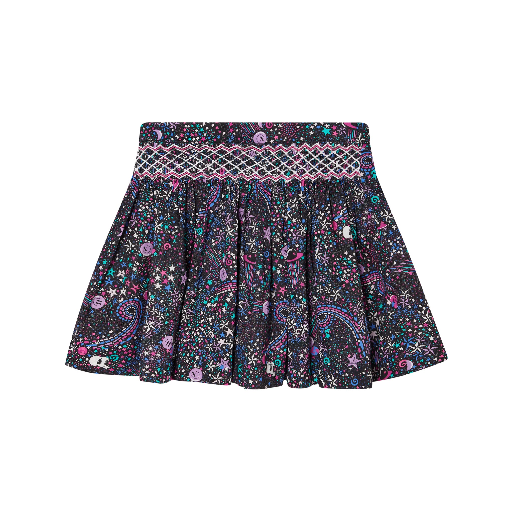 hand-smocked skirt made from Liberty fabric, black, star pattern, front