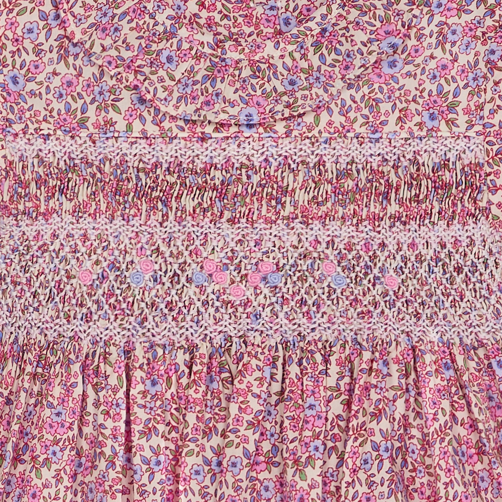 smocking closeup of pink floral dress