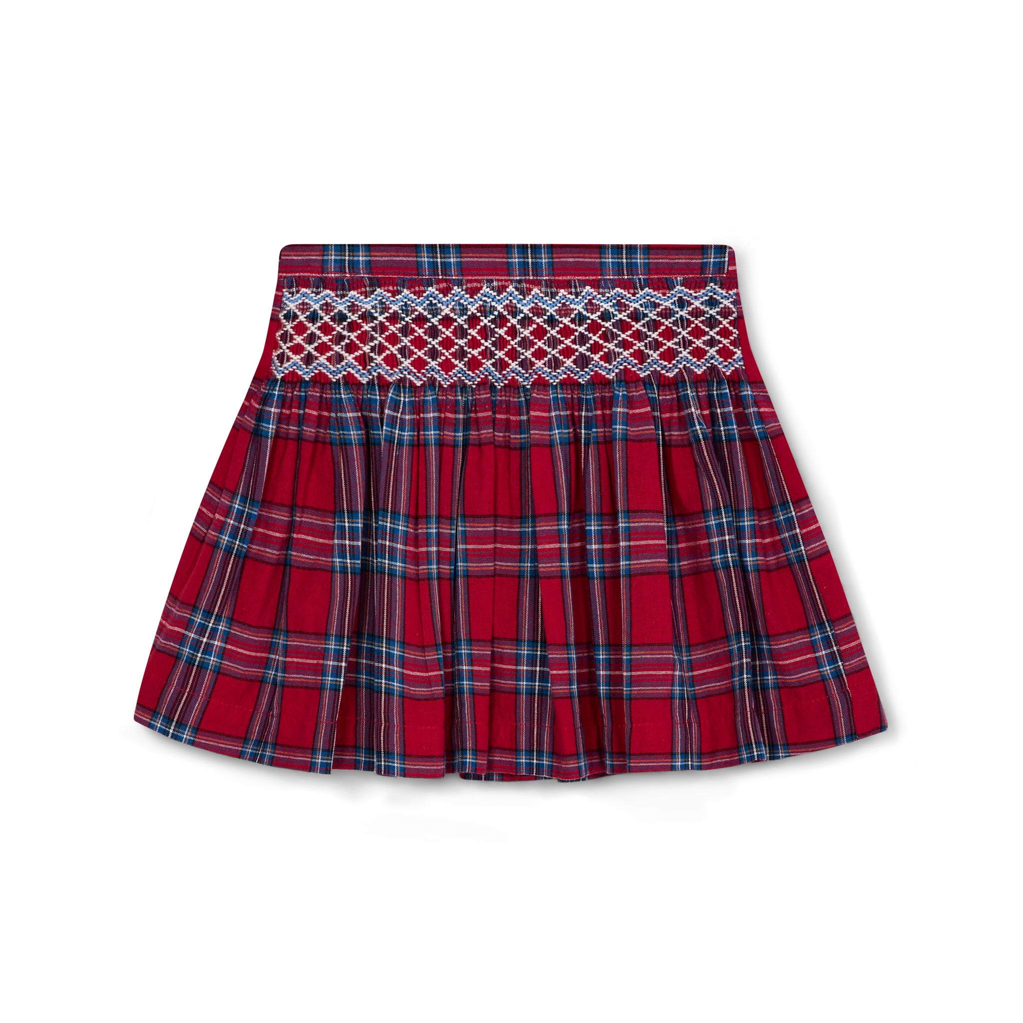 Red tartan skirt with smocked waistband on a white background