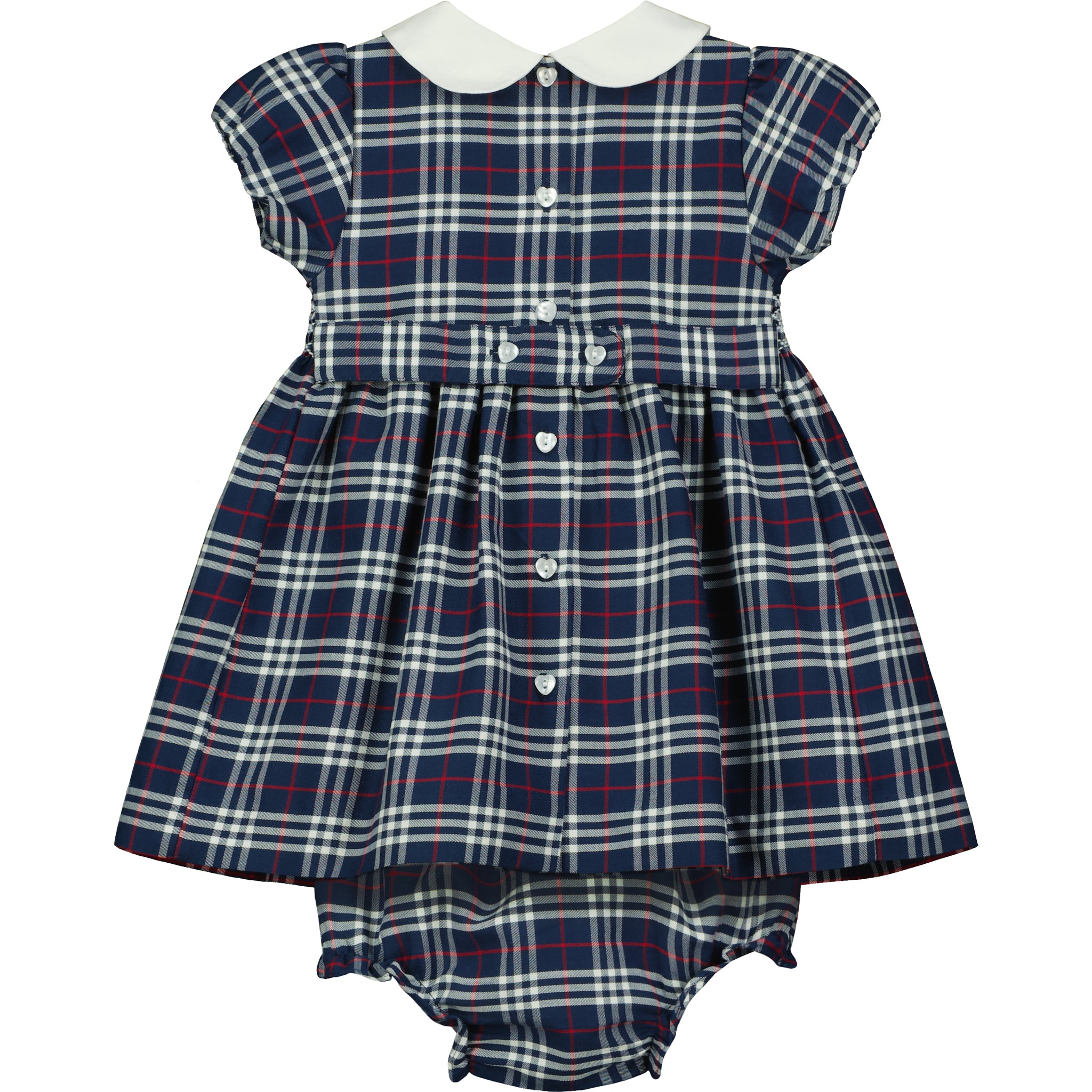 navy and white smock tartan dress with white Peter Pan collar, back