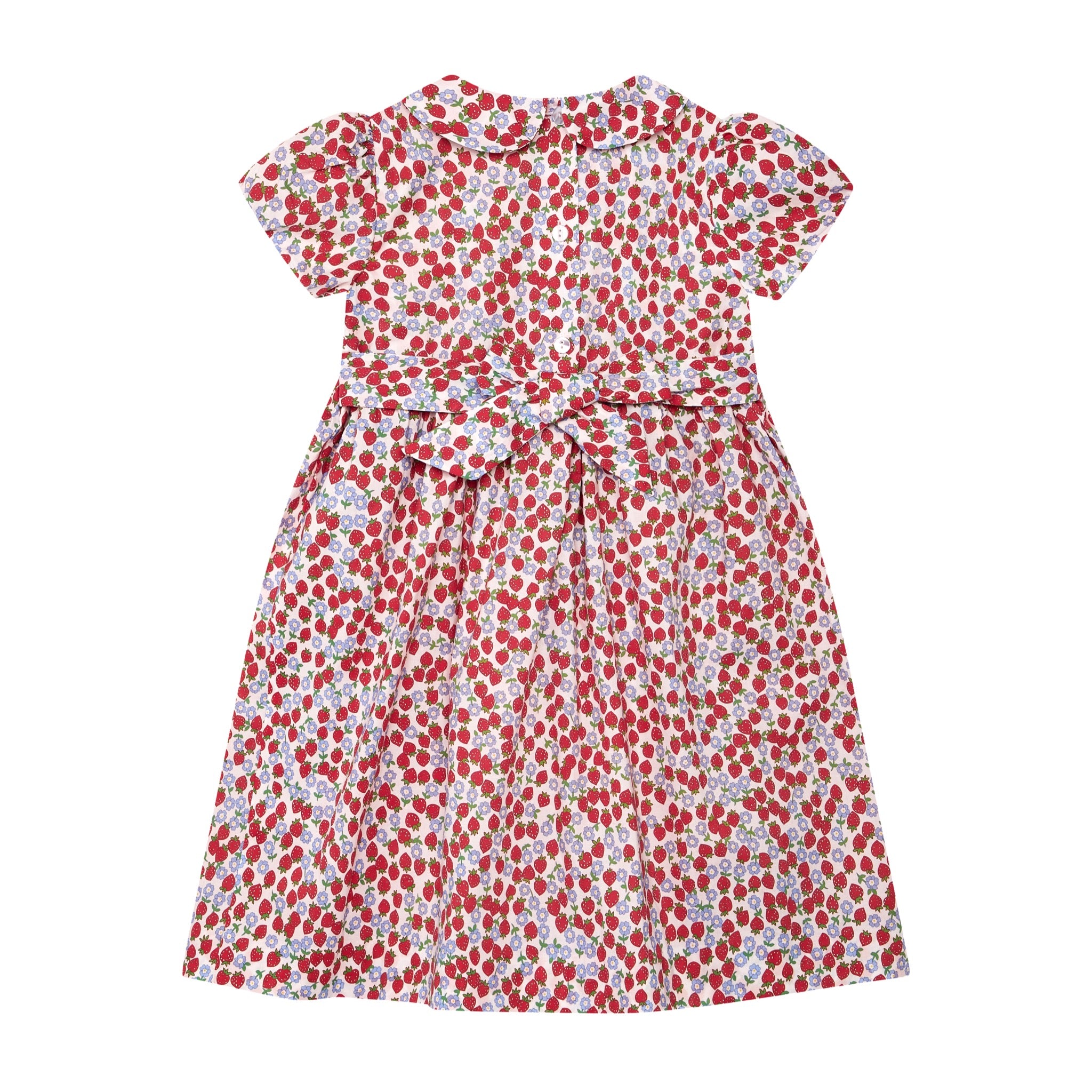 strawberry print dress, smocked, back
