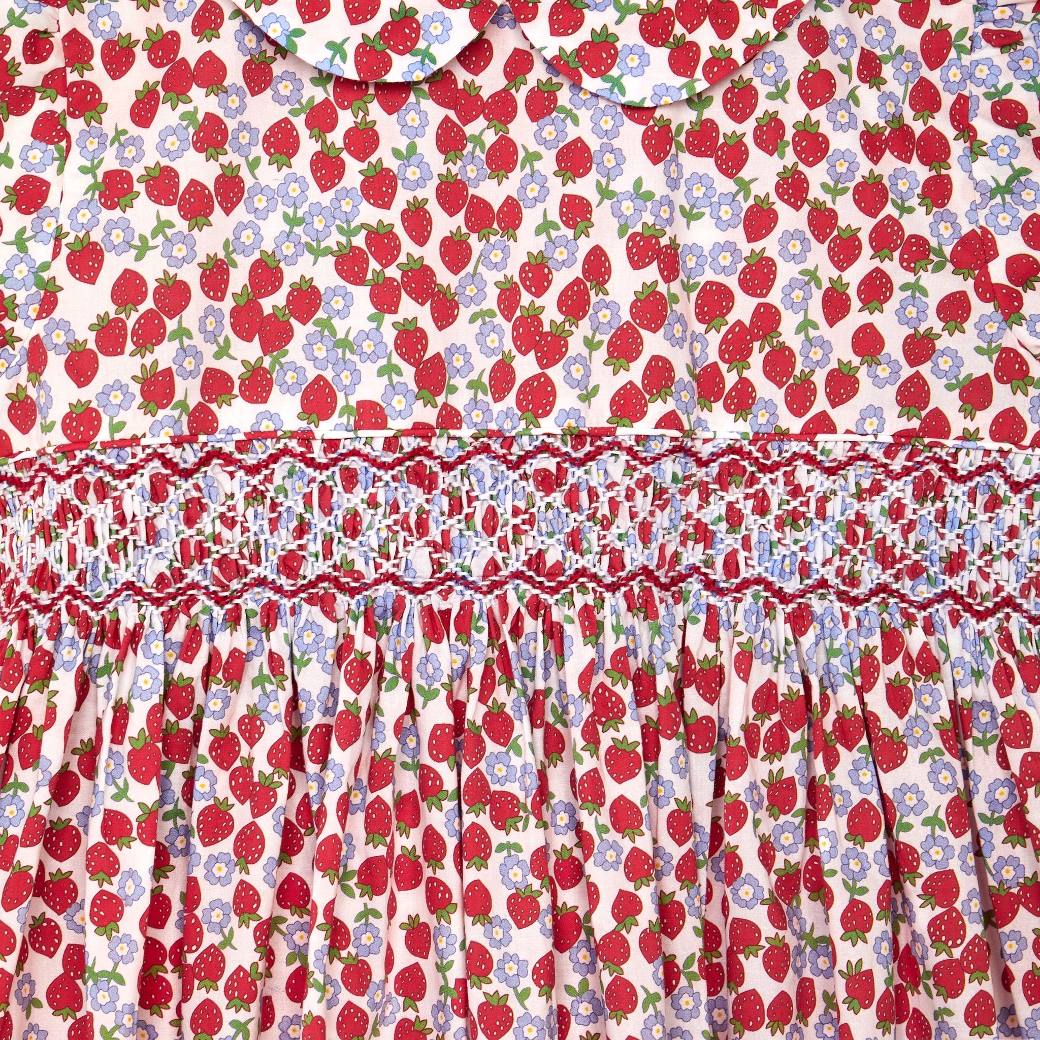 strawberry print dress, smocked, detail