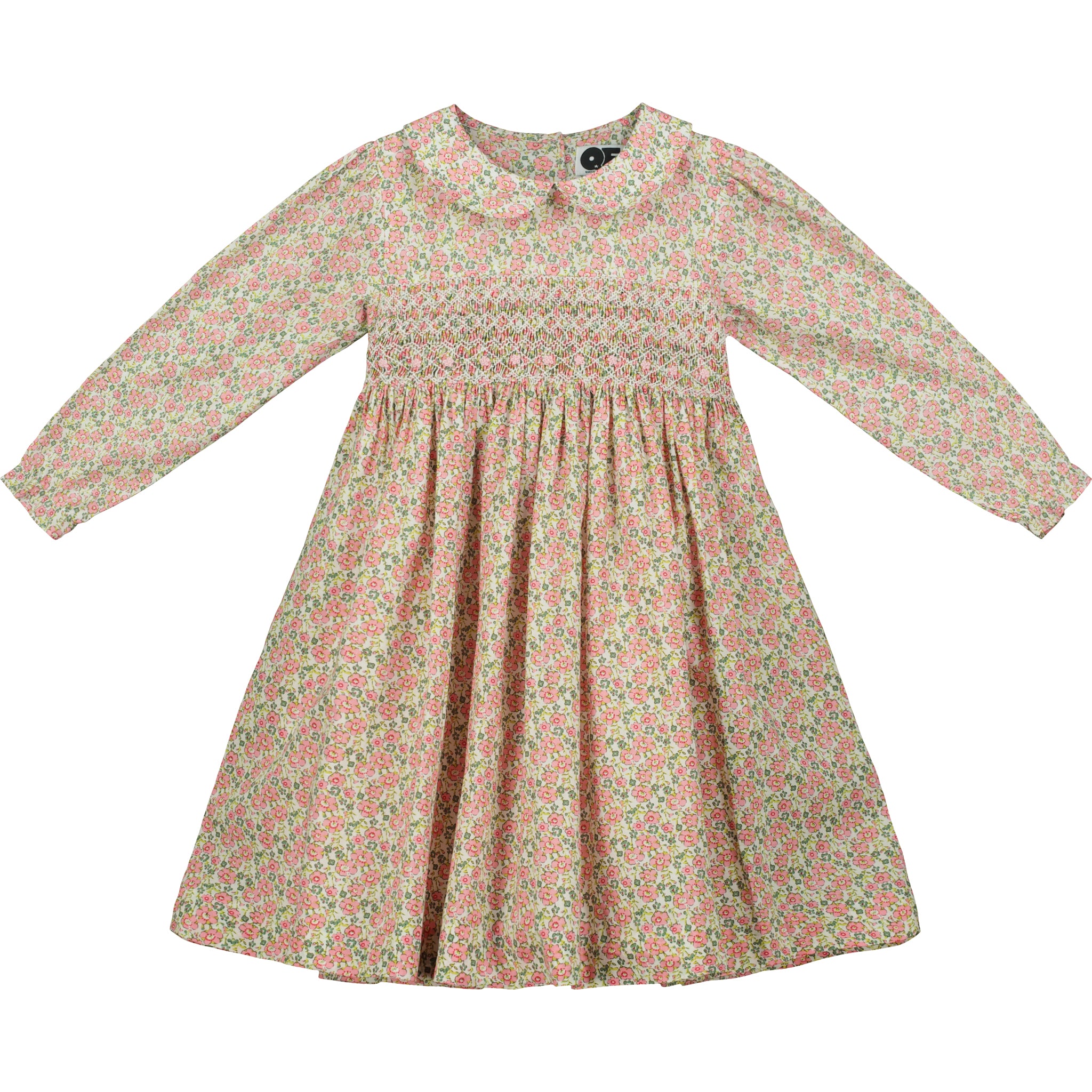 pink on ivory floral hand-smocked girls dress, front