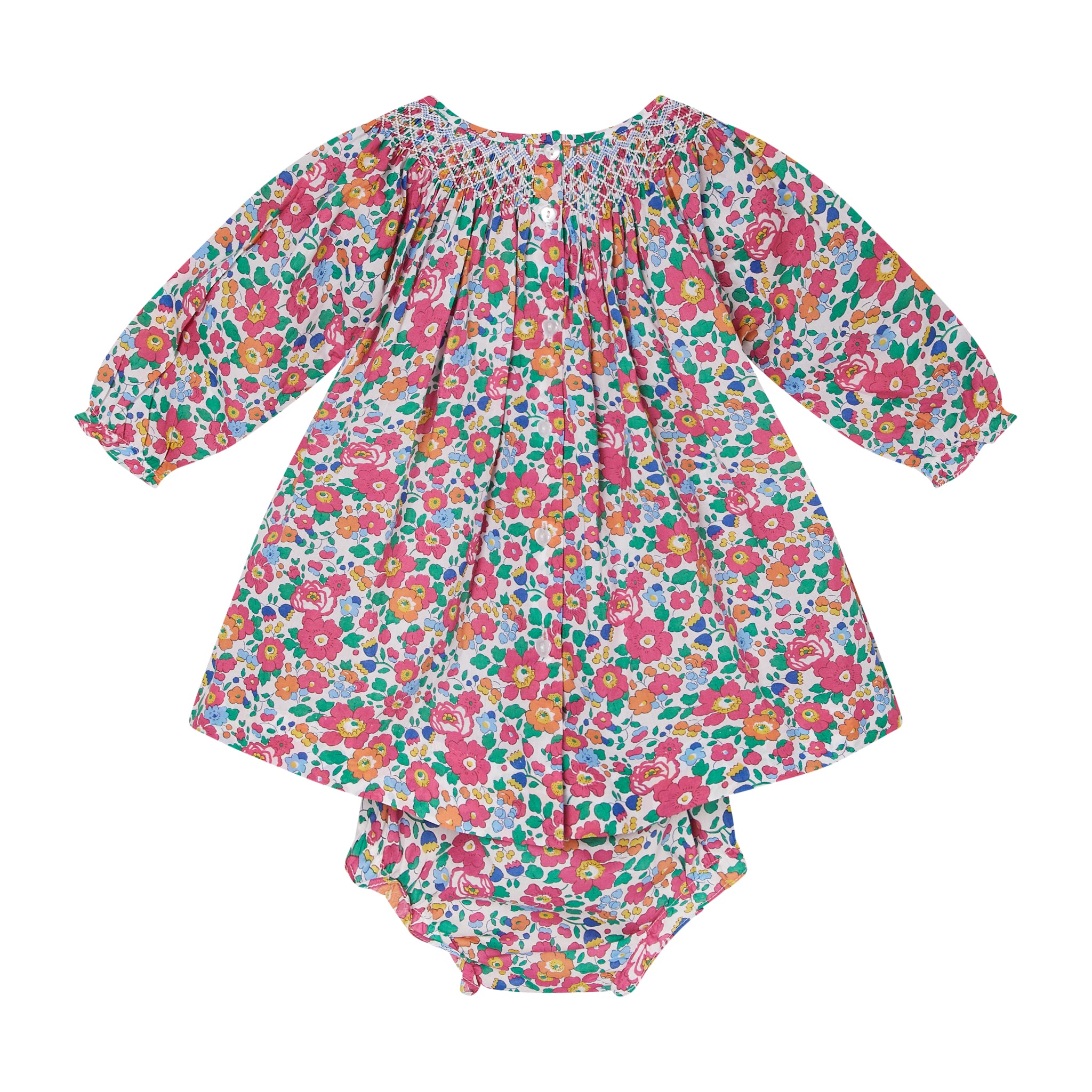 pink floral baby dress made from Liberty fabric, hand-smocked, back