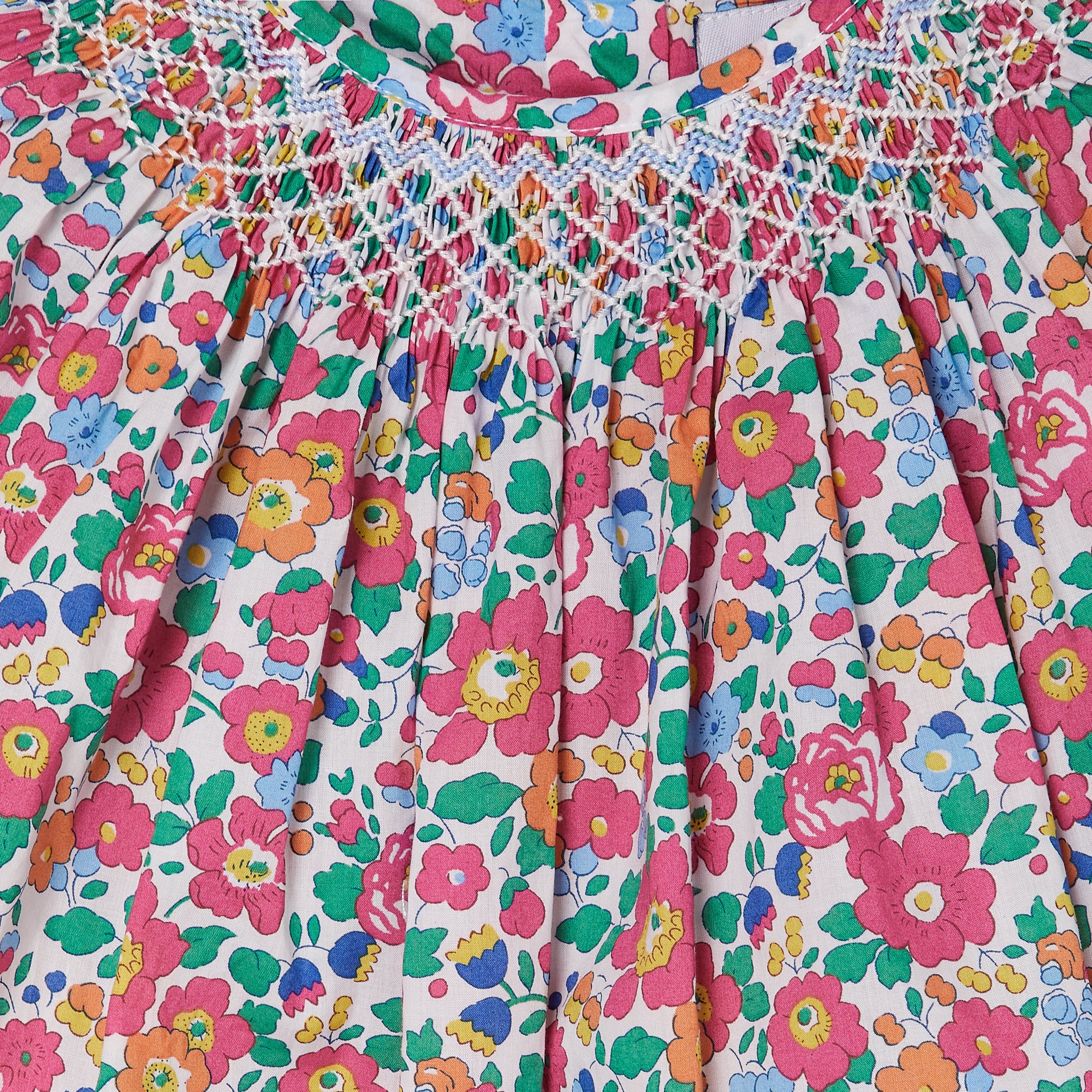 pink floral baby dress made from Liberty fabric, hand-smocked,closeup