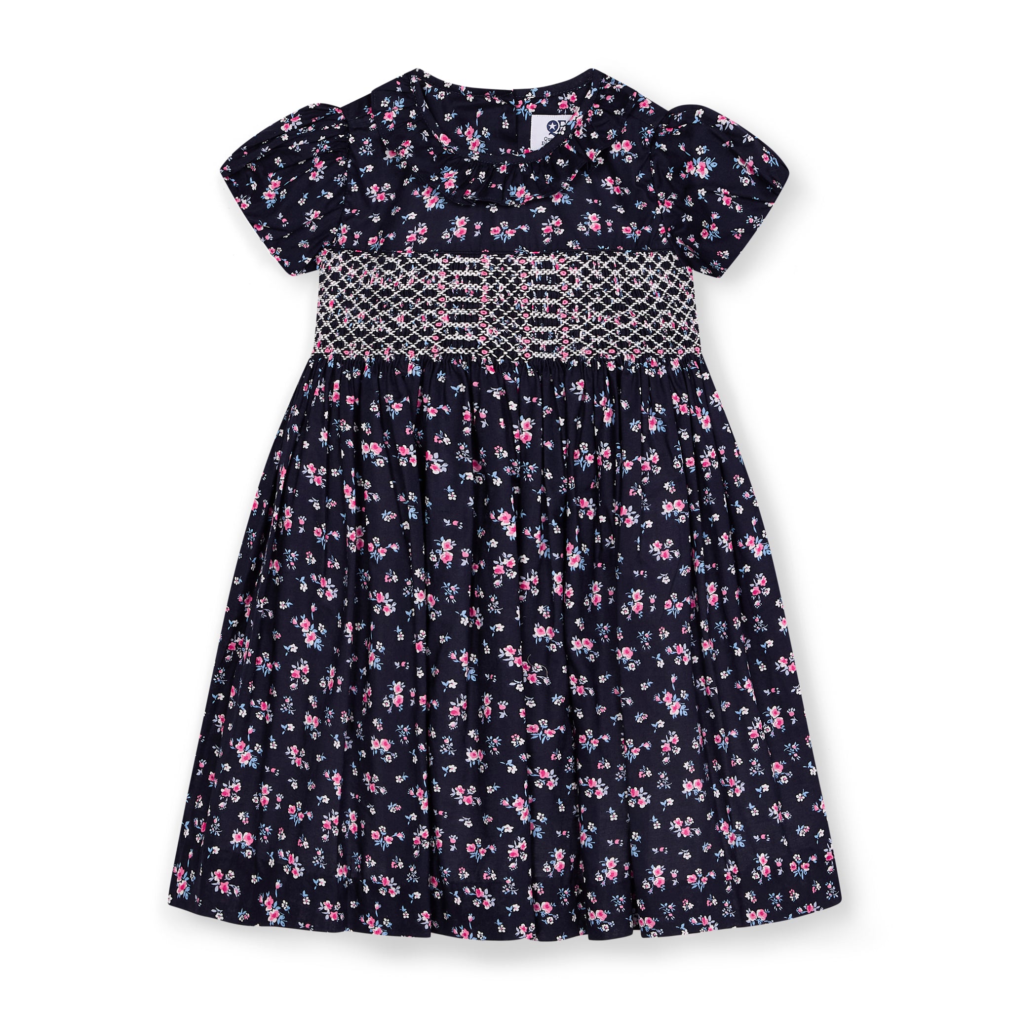Navy floral dress with hand-smocking on a white background