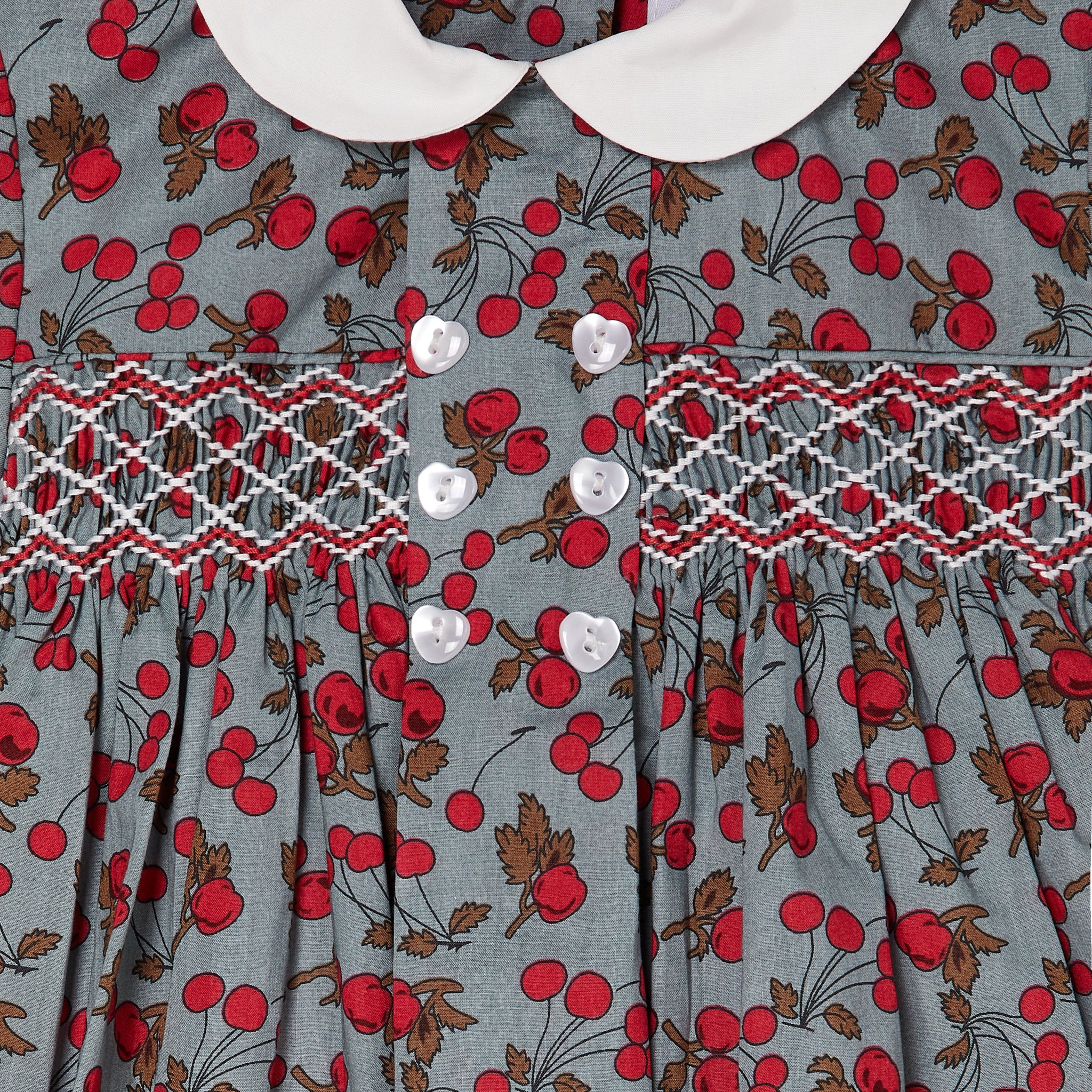 cherry print smocked baby dress, smocking detail