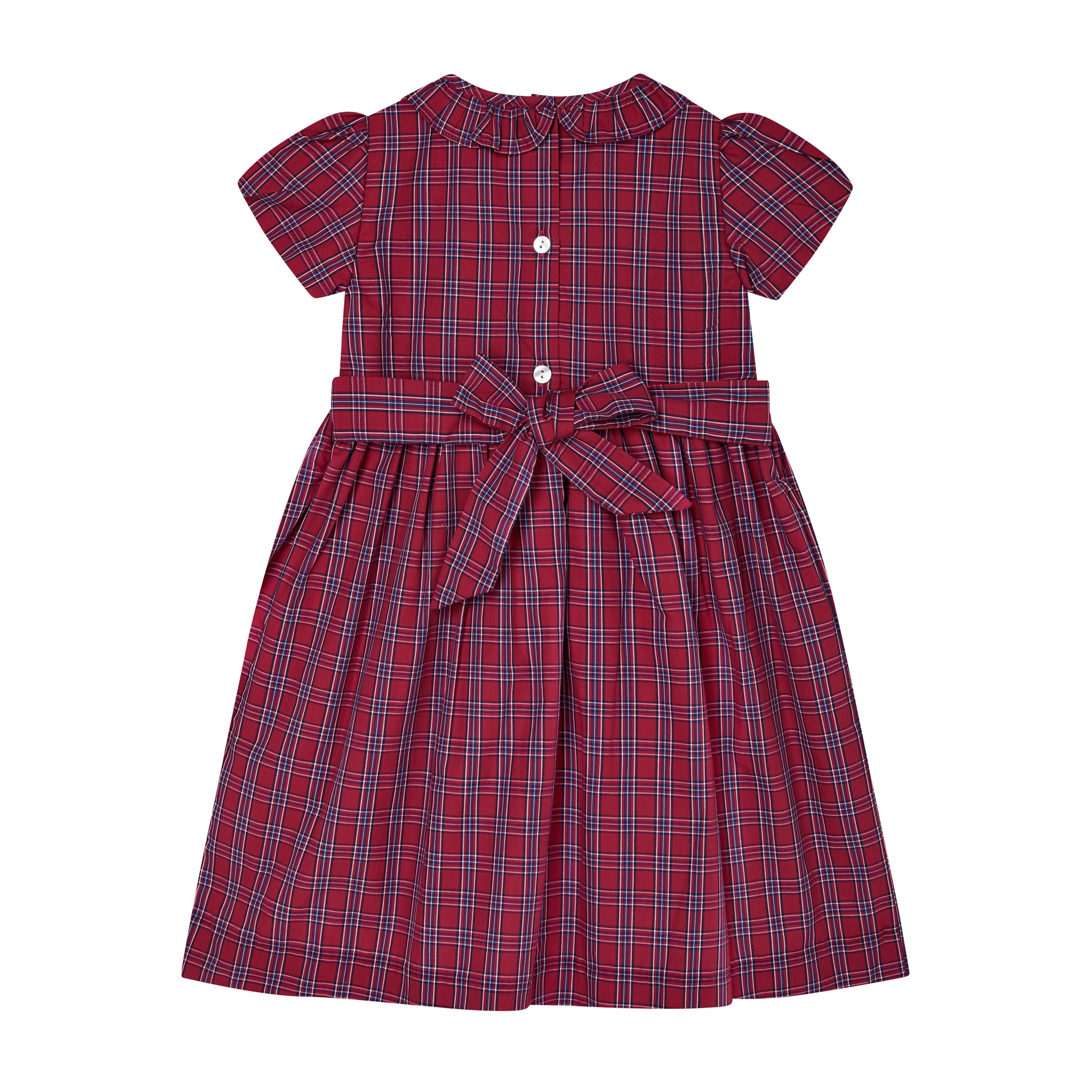 red and navy tartan dress, back