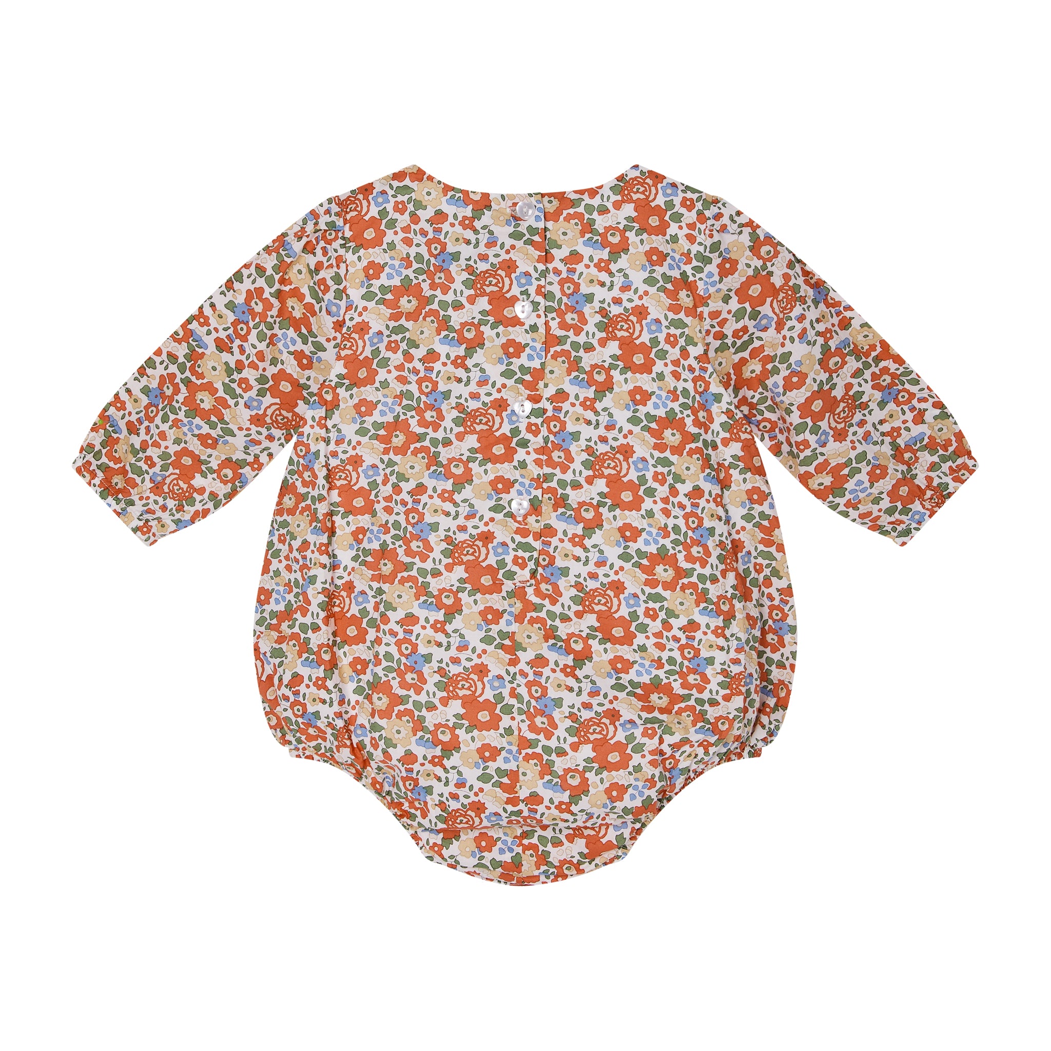 floral smocked baby bubble, back