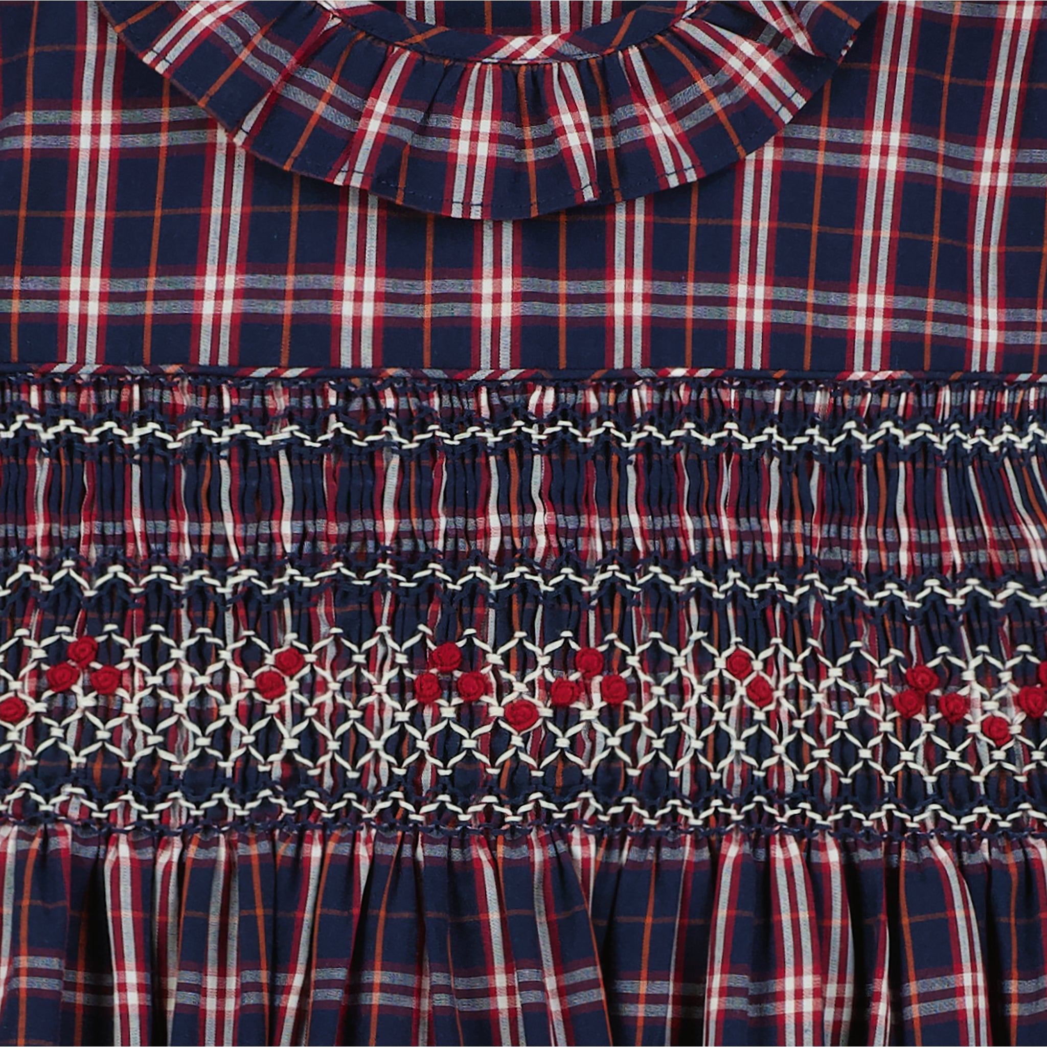navy tartan dress with smocking, closeup