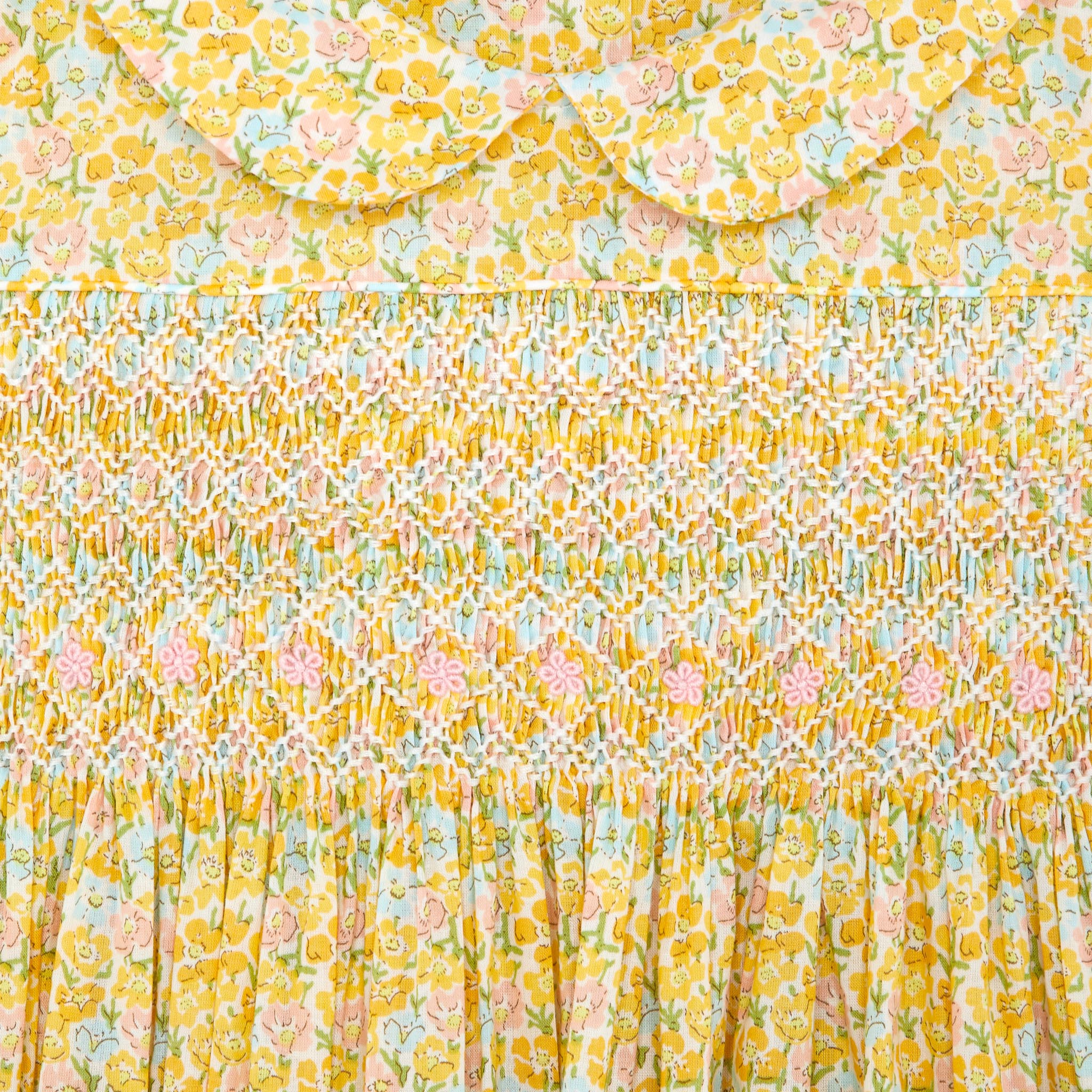 yellow smock dress, smocking detail shot