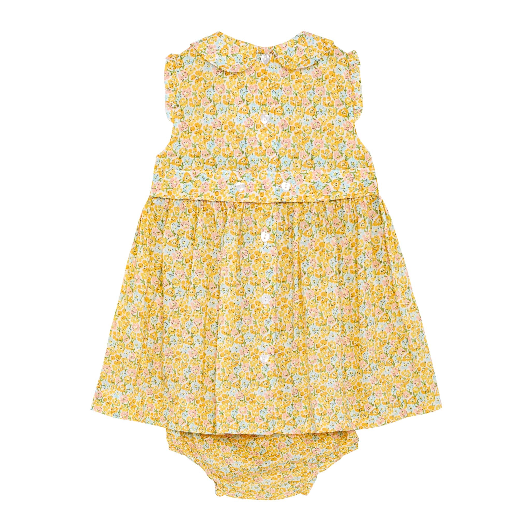 yellow baby dress with bloomer, smocked, back