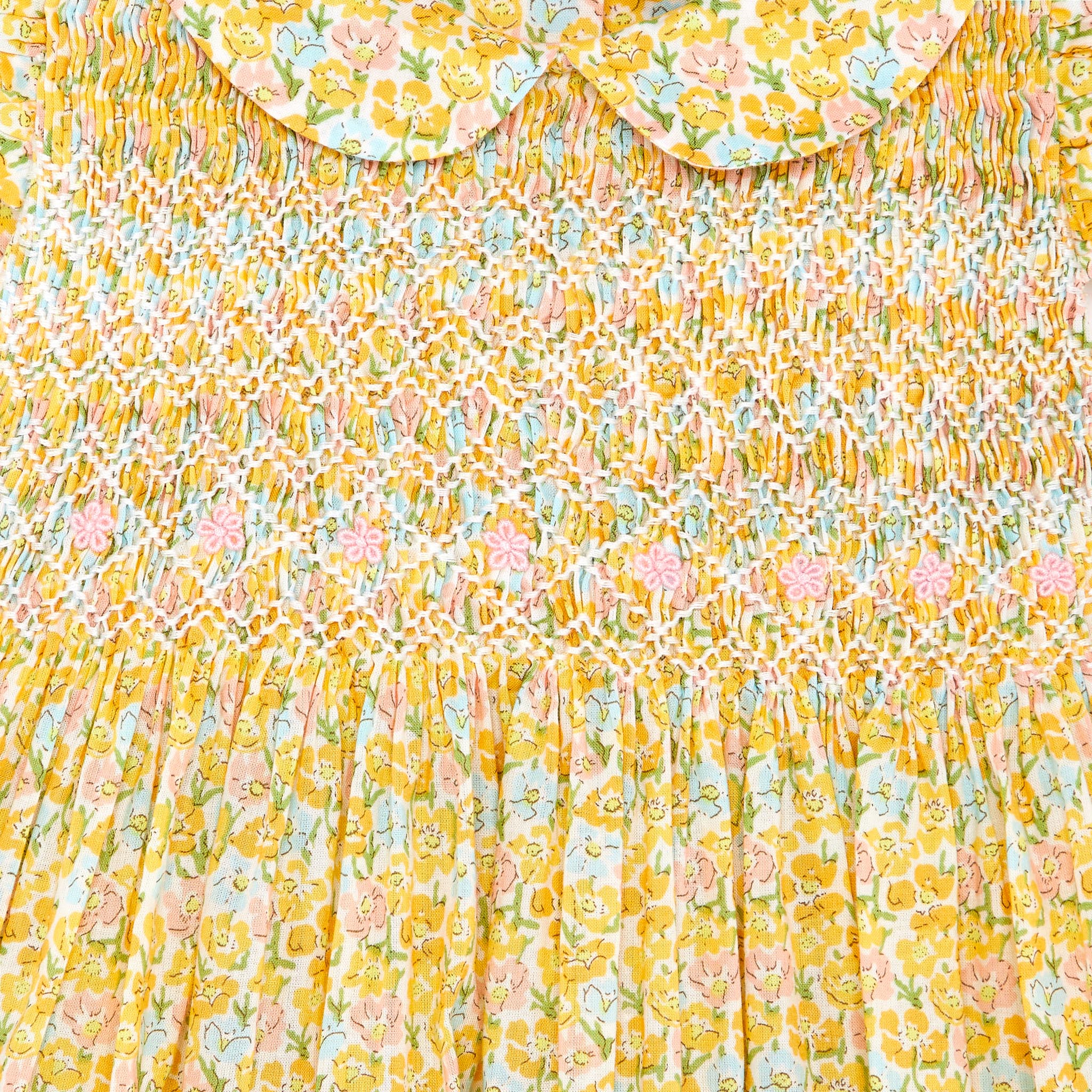 yellow baby dress with bloomer, smocked, detail