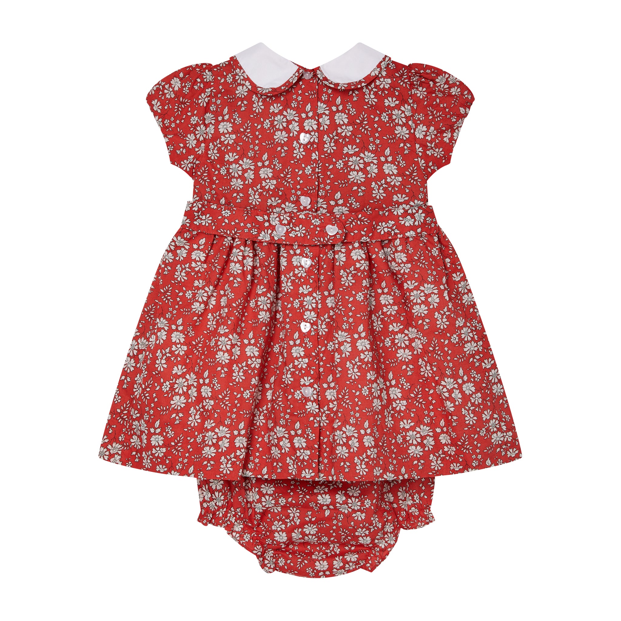 red and white floral dress made from Liberty Fabric, hand-smocked, Bloomers included, back