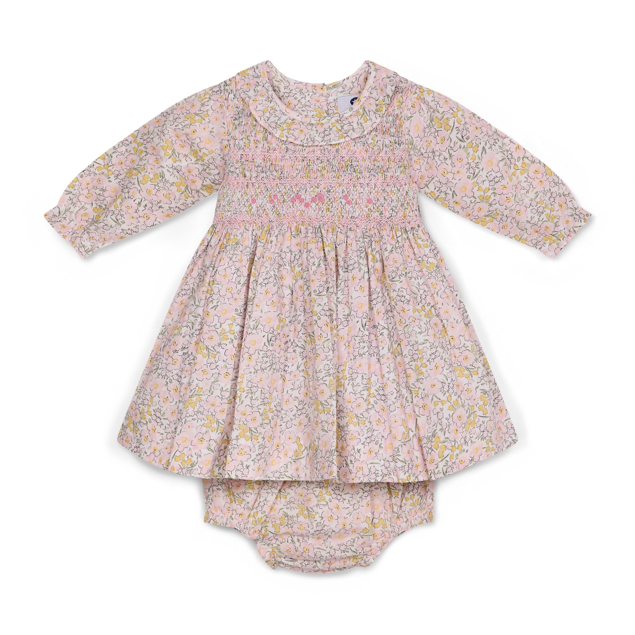 Floral hand-smoked baby dress with frill collar and matching bloomers