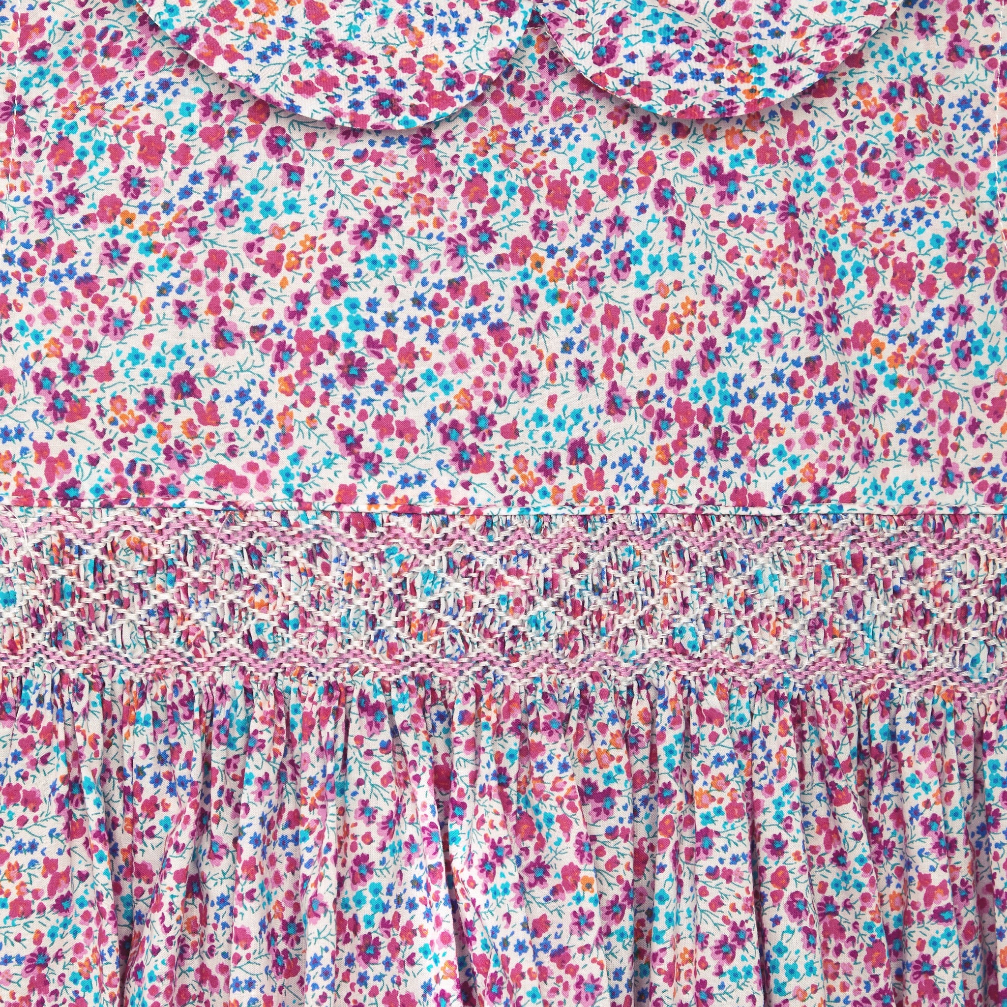 ditzy floral smock dress for girls, closeup
